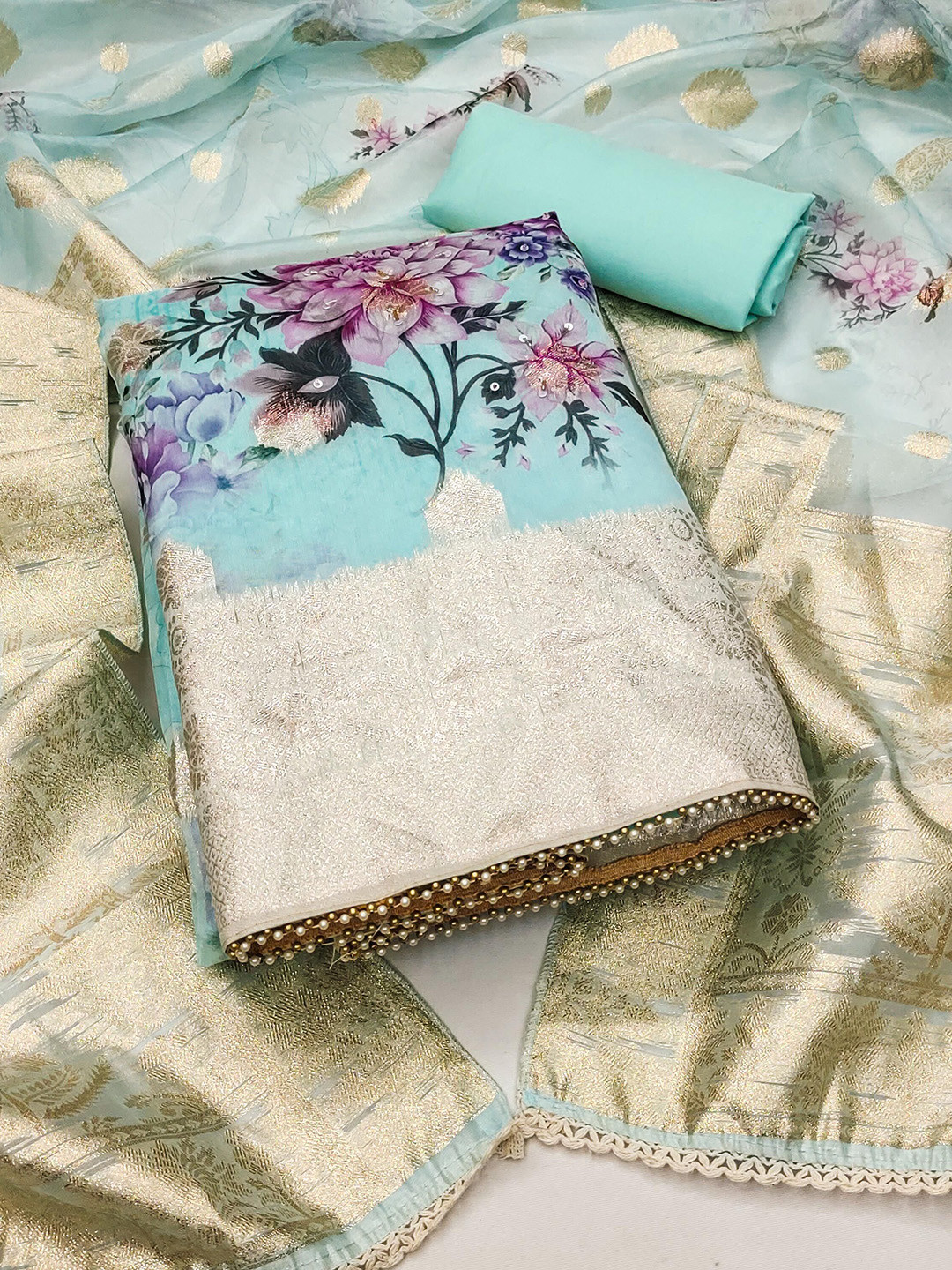 

KIMISHA Floral Printed Unstitched Dress Material, Blue