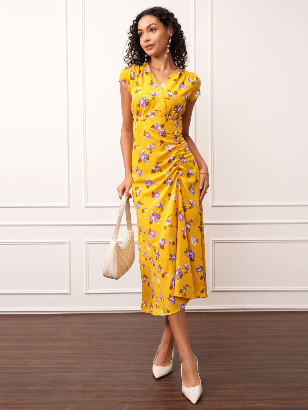 

Tokyo Talkies Floral Printed Ruched Wrap Midi Dress, Yellow