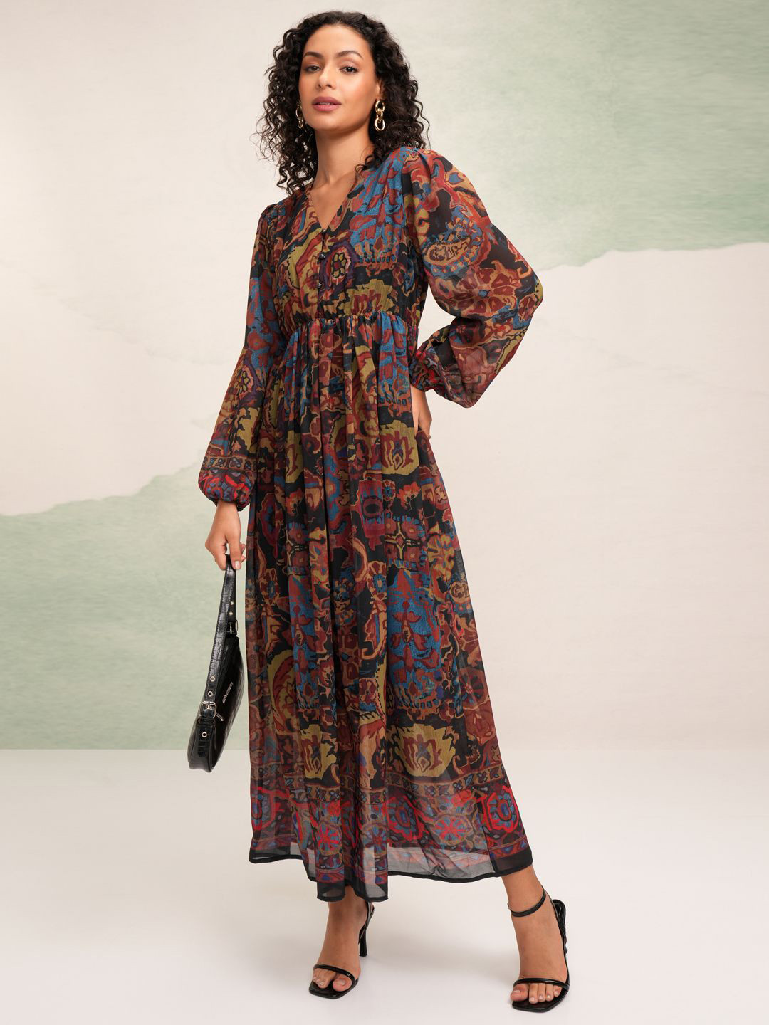 

Tokyo Talkies Ethnic Motifs Printed Puff Sleeve Georgette Maxi Dress, Black