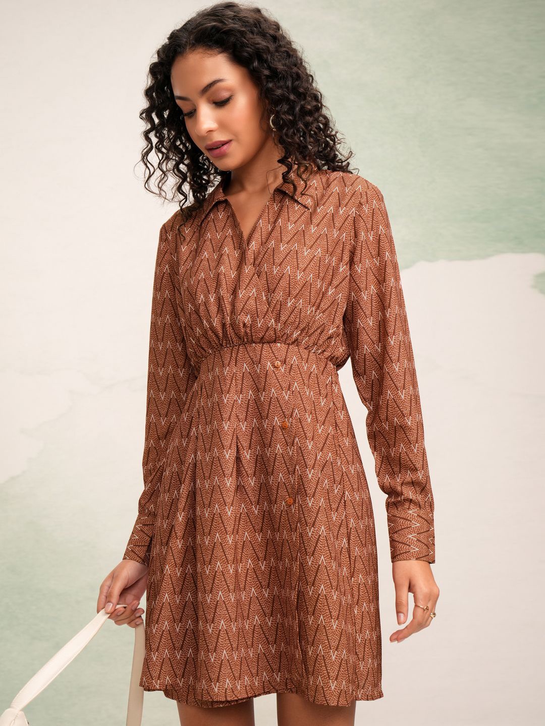 

Tokyo Talkies Printed Shirt Collar Wrap Dress, Rust