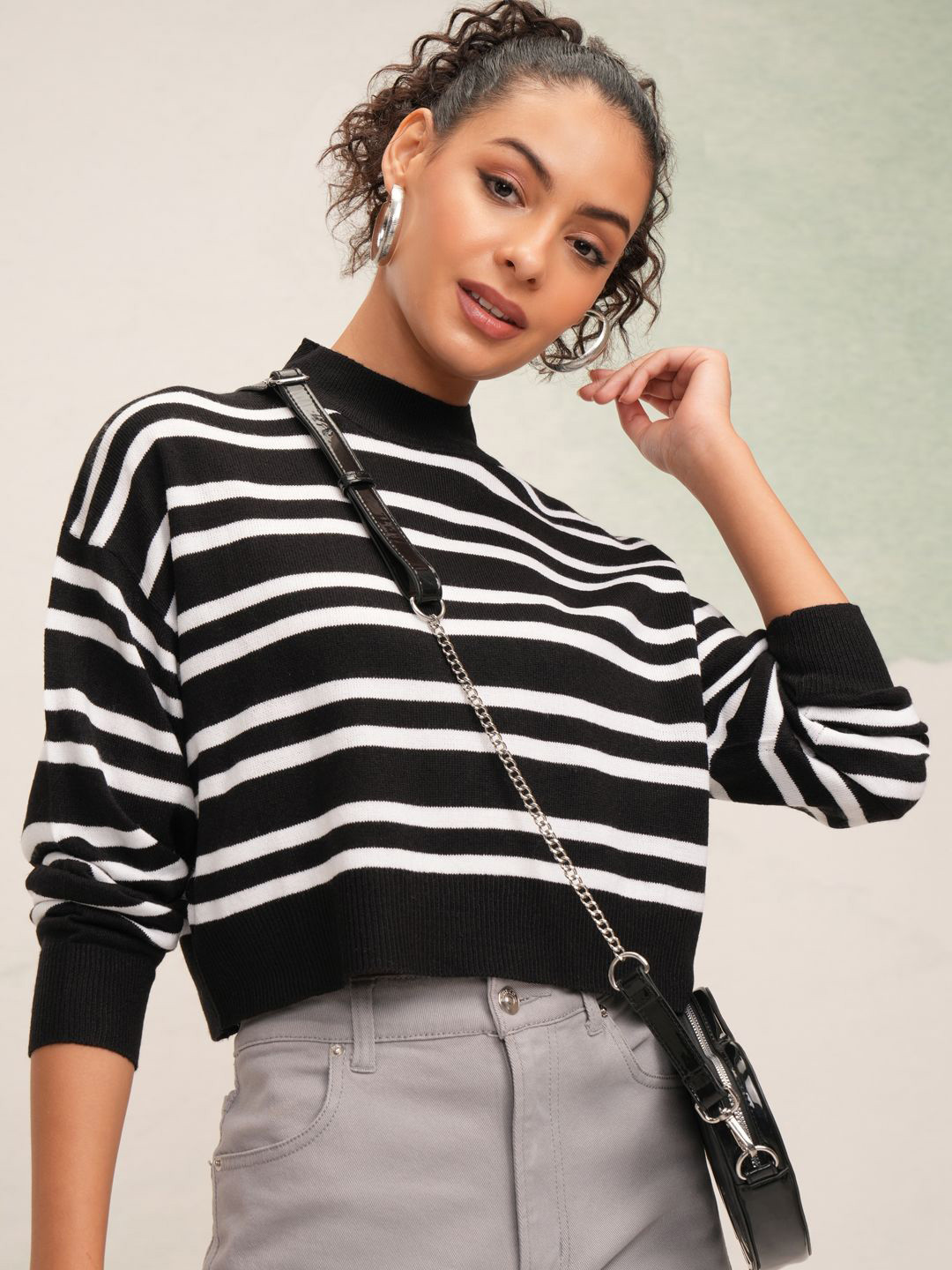 

Tokyo Talkies Women Horizontal Striped Knitted Sweater, Black