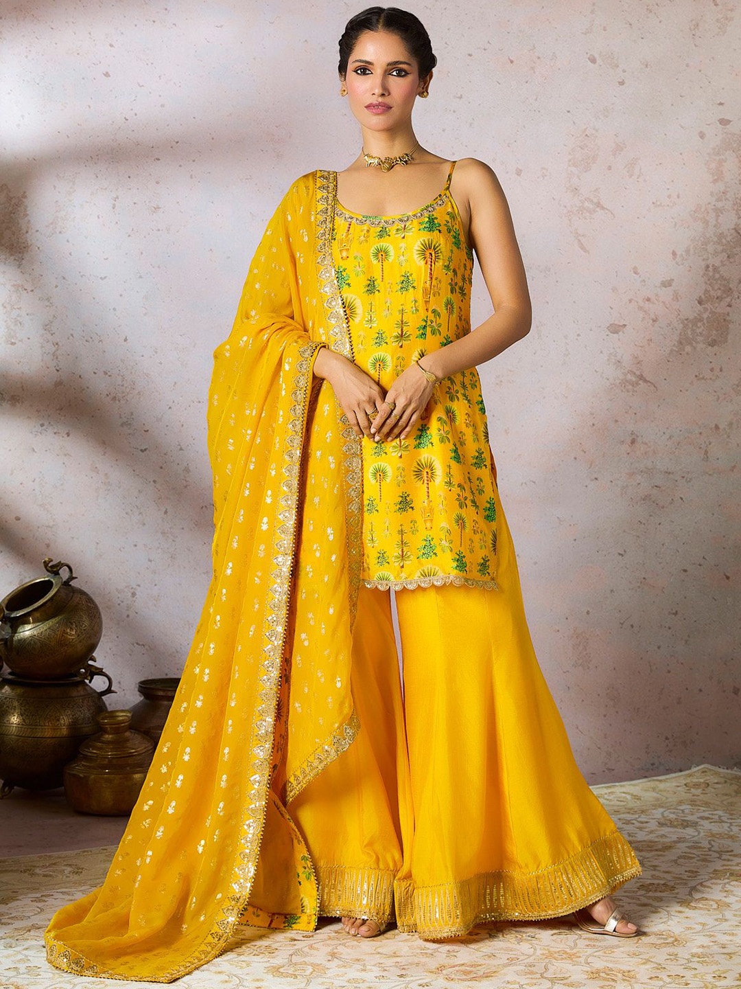 

Masaba Floral Printed Regular Gotta Patti Raw Silk Kurti with Sharara & Dupatta, Yellow
