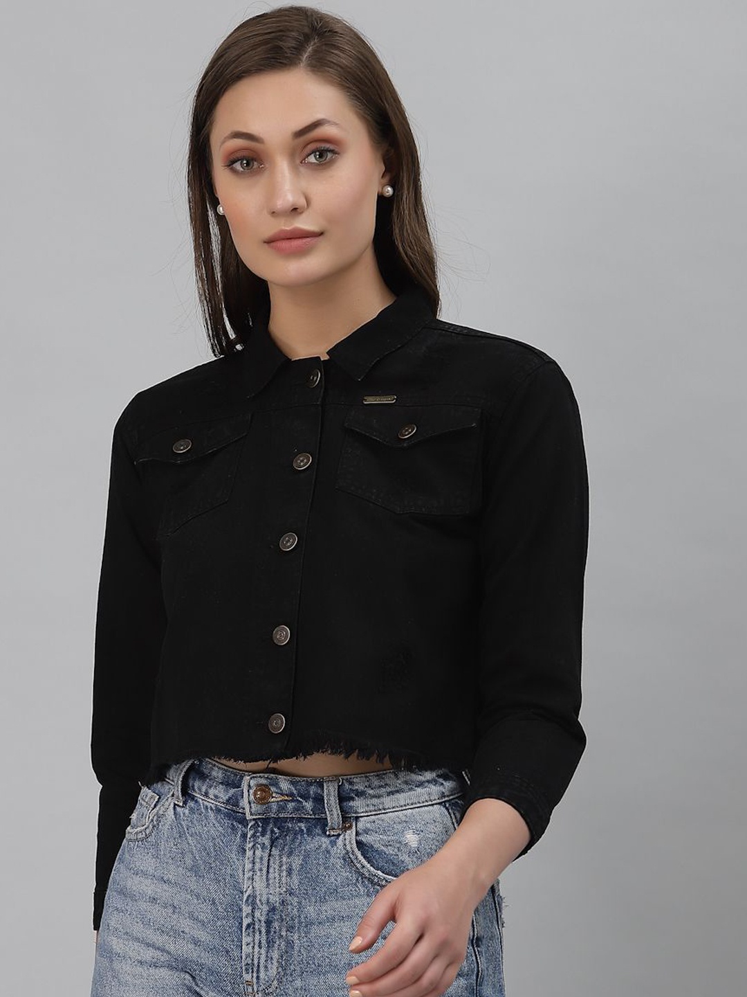 

River Of Design Jeans Women Washed Lightweight Crop Denim Jacket, Black