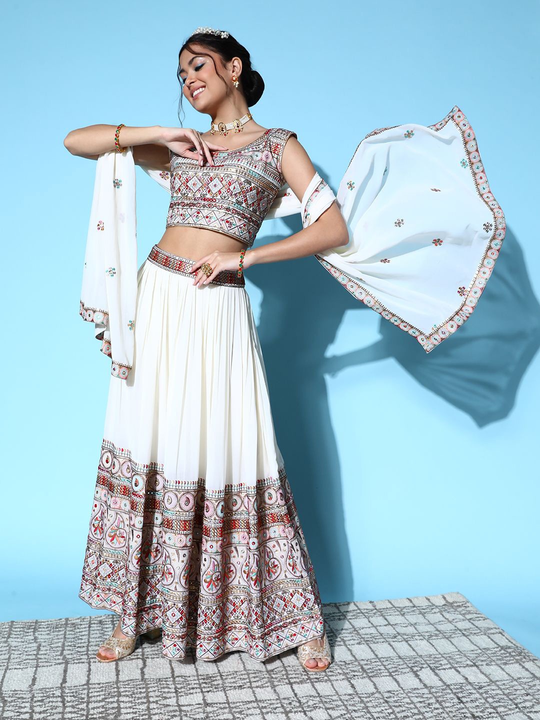 

Sangria Off White Sequin Embroidered Ready To Wear Lehenga Choli With Dupatta