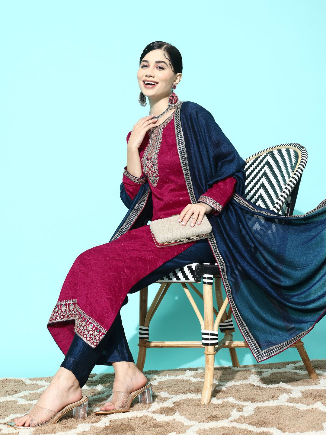 

Sangria Round Neck Embroidered Straight Kurta With Trousers & Dupatta, Pink