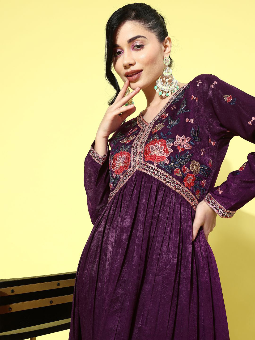 

Sangria V-Neck Long Sleeves Embroidered A-Line Kurta With Trouser, Purple