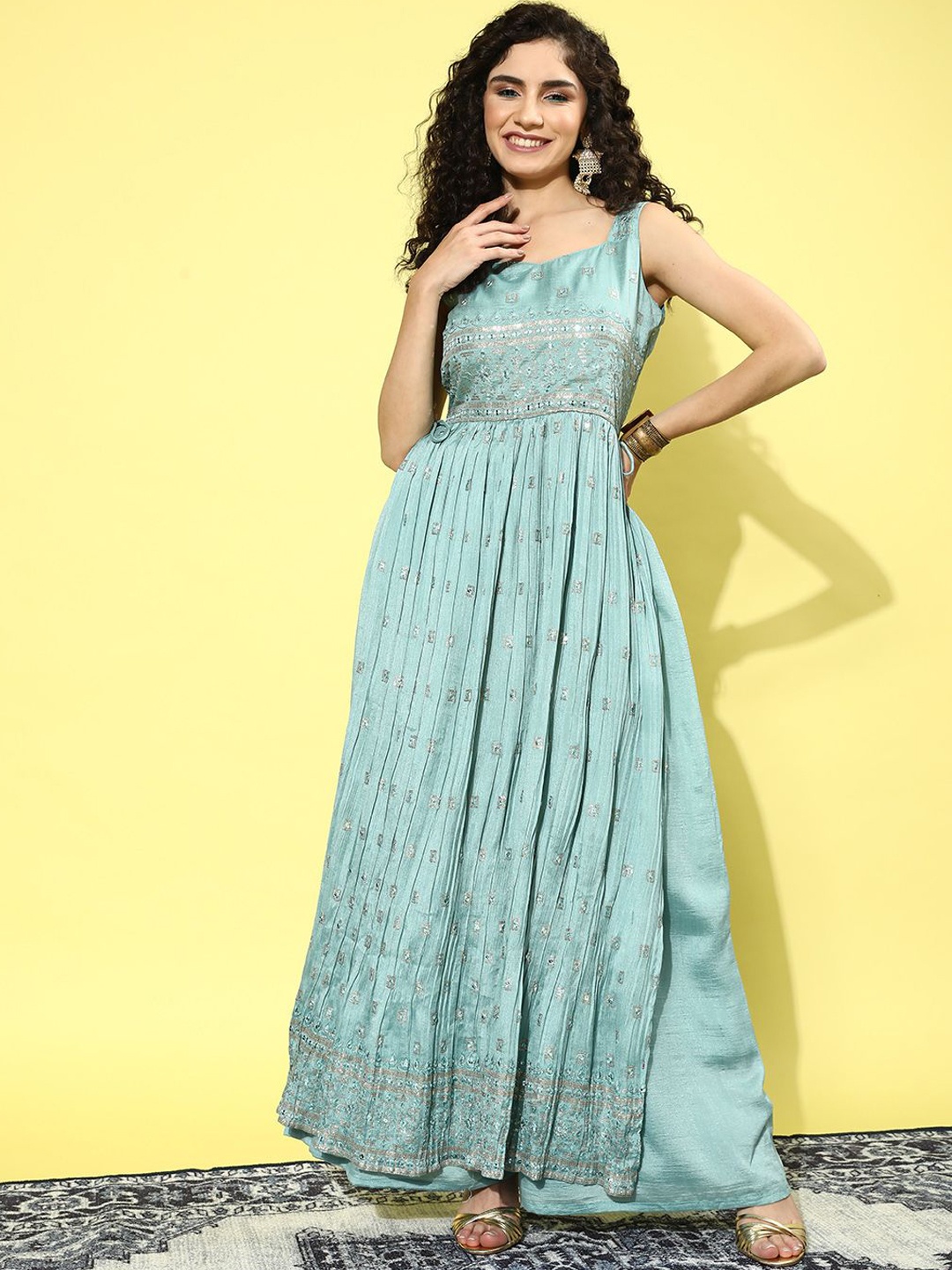 

Sangria Embroidered Straight Kurta With Palazzo, Turquoise blue