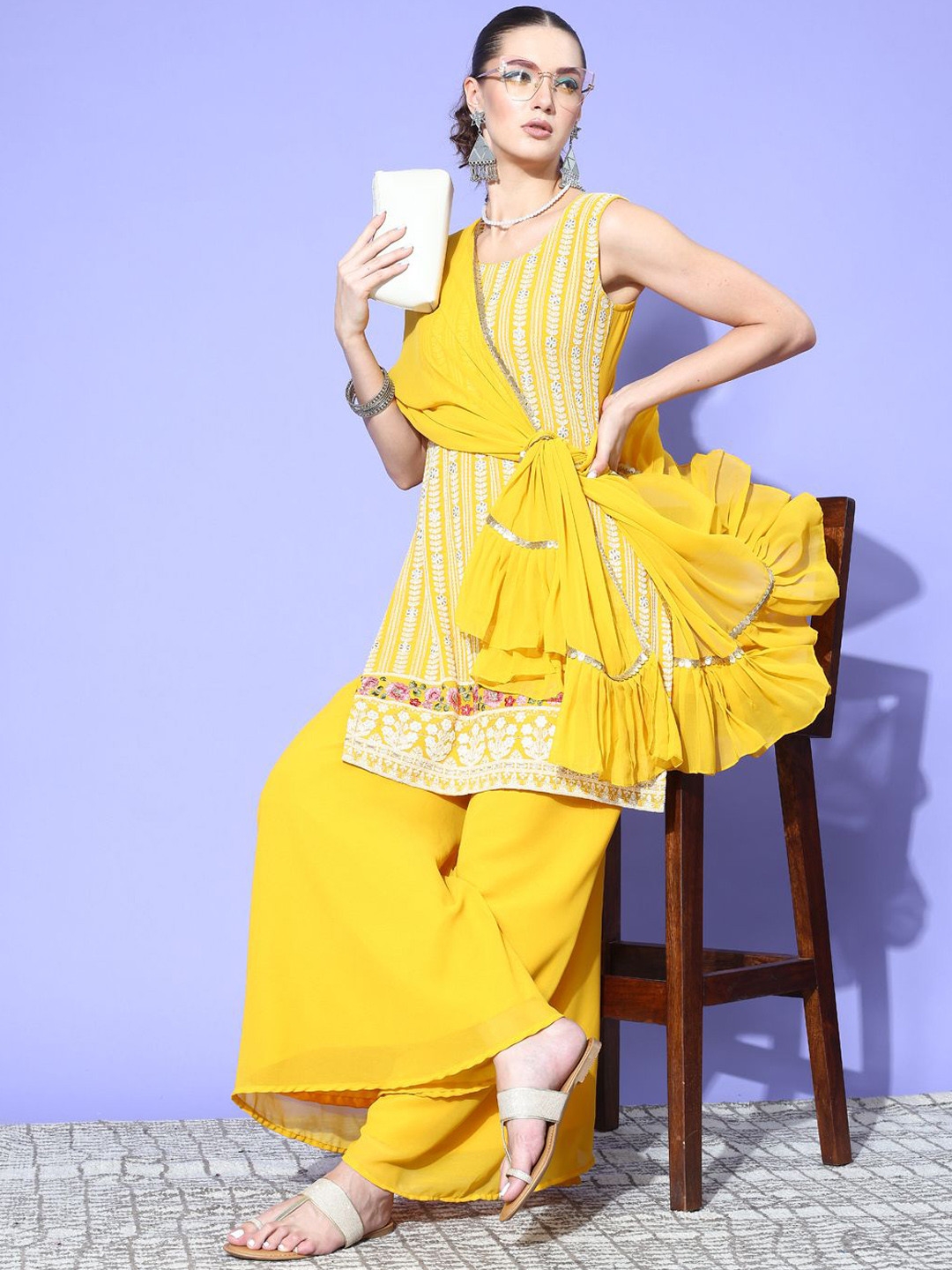 

Sangria Round Neck Embroidered Straight Kurta With Palazzo & Dupatta, Yellow