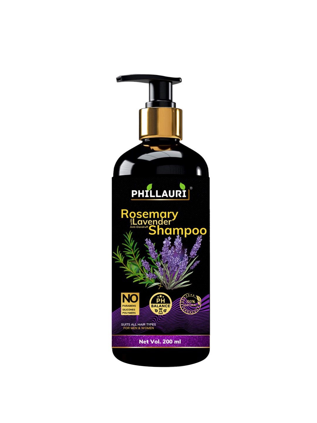 

Phillauri 100% Natural Rosemary With Lavender Anti-Dandruff Shampoo- 200ml, Black