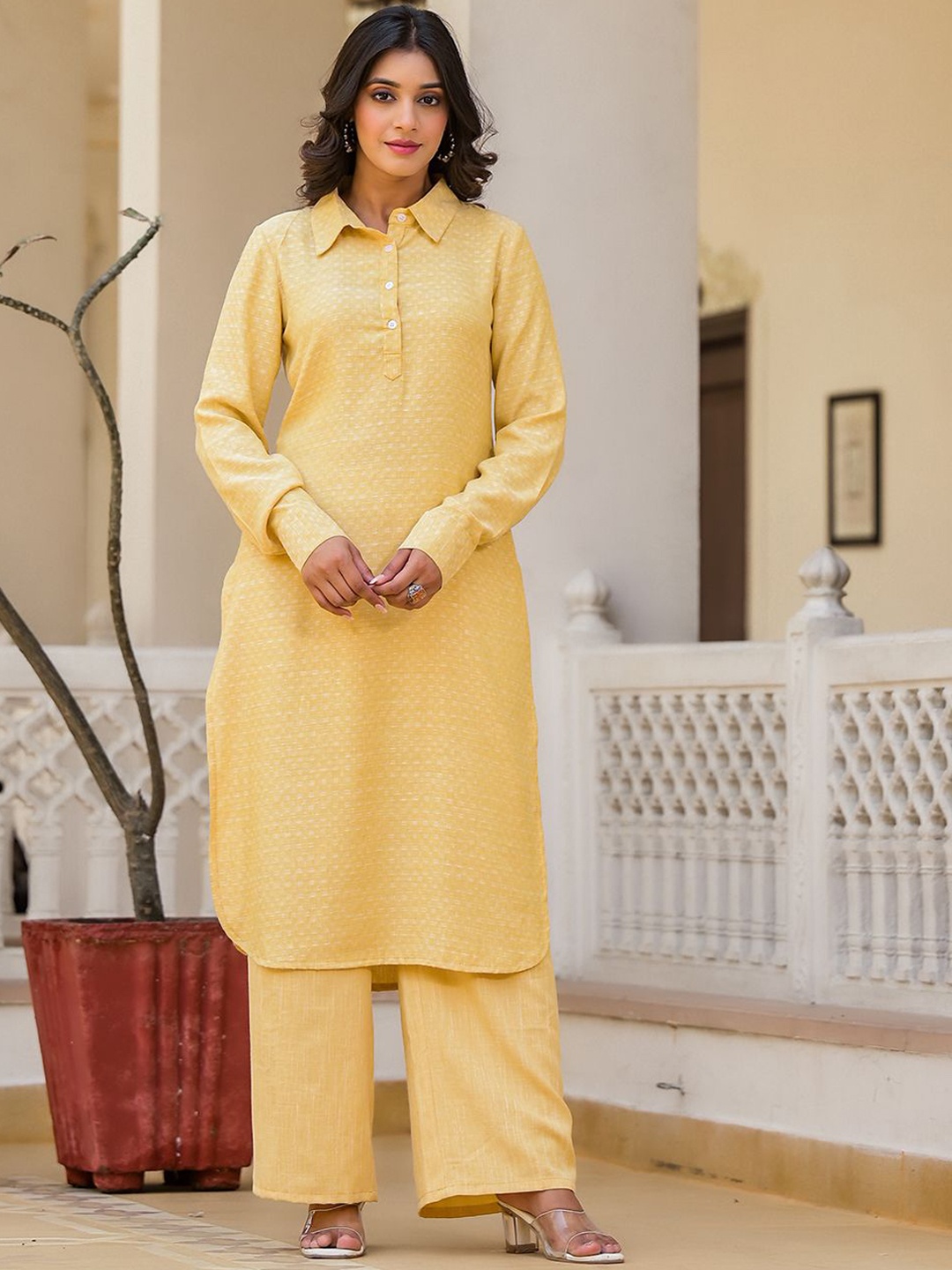 

AKS Floral Woven Design Shirt Collar Regular Pure Cotton Straight Kurta With Palazzos, Yellow