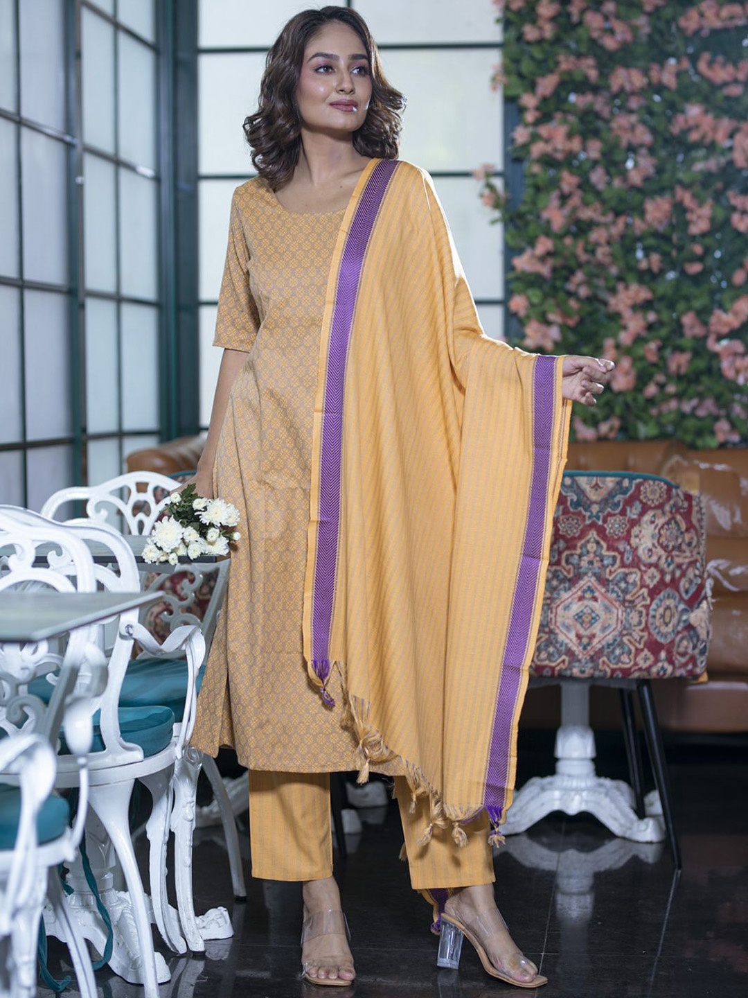 

AKS Geometric Printed Round Neck Regular A-Line Kurta With Trousers & Dupatta, Mustard