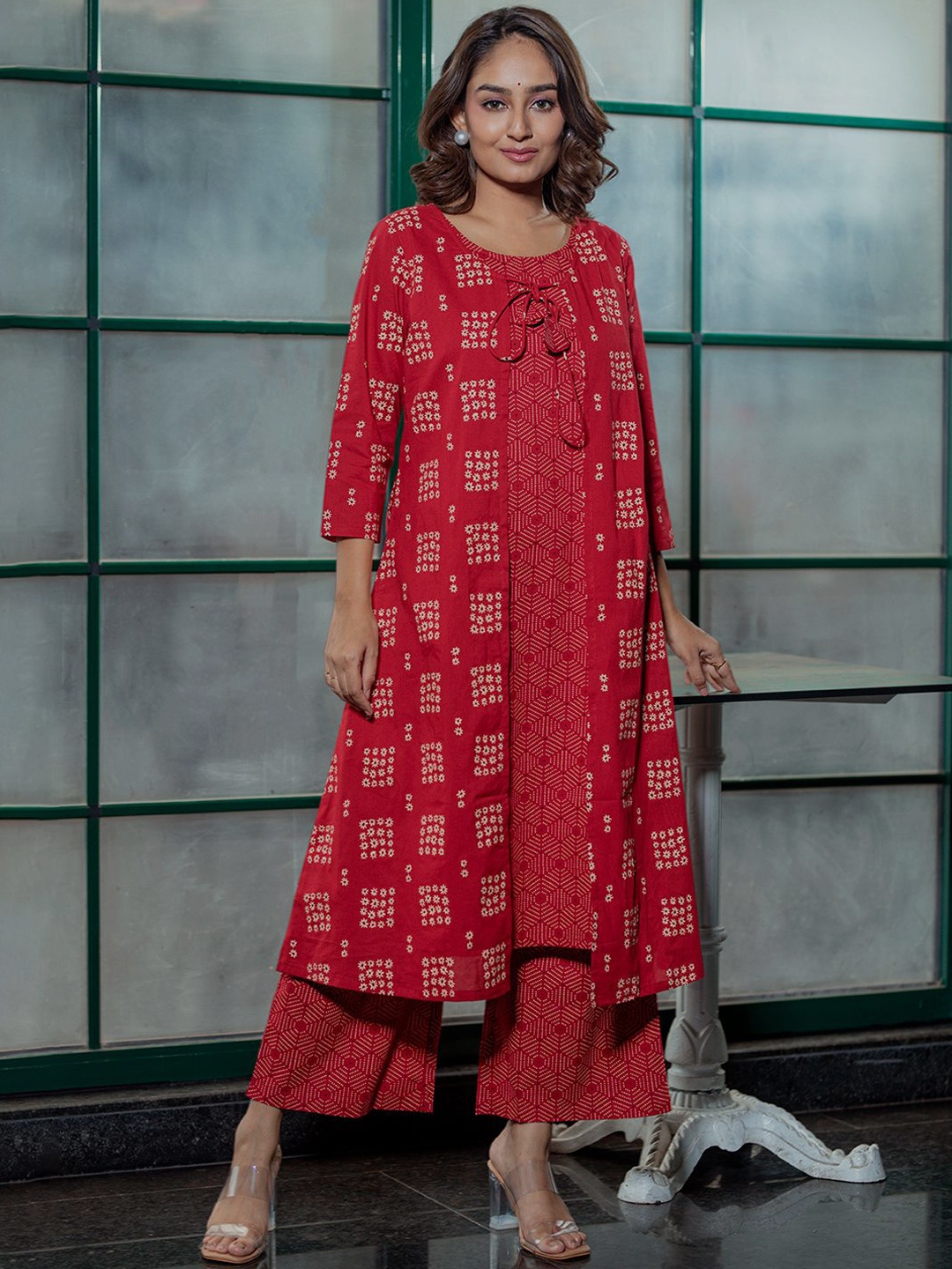 

AKS Floral Printed Layered Pure Cotton Kurta with Palazzos & jacket, Red