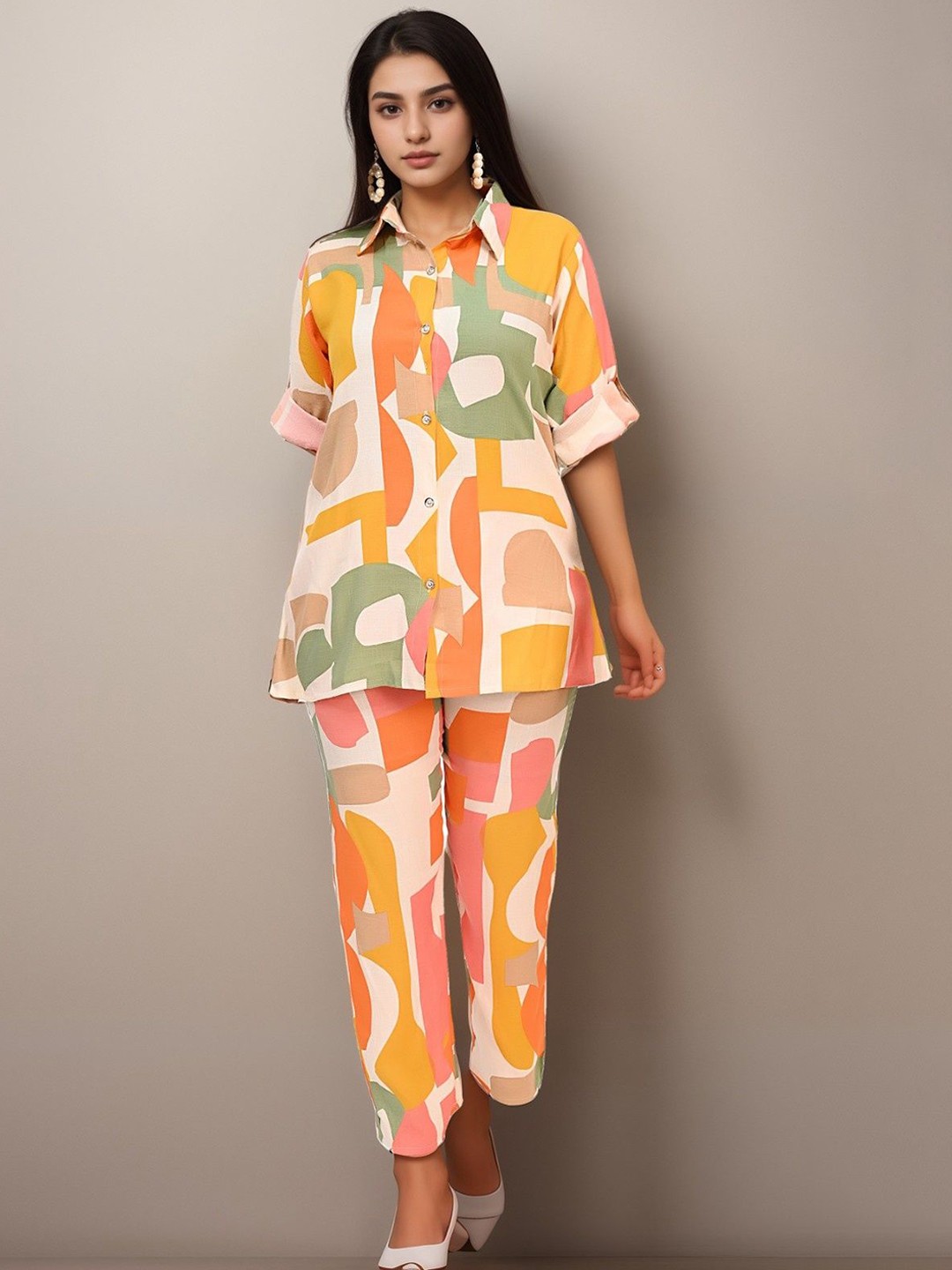 

BAESD Geometric Printed Shirt With Palazzos, Orange