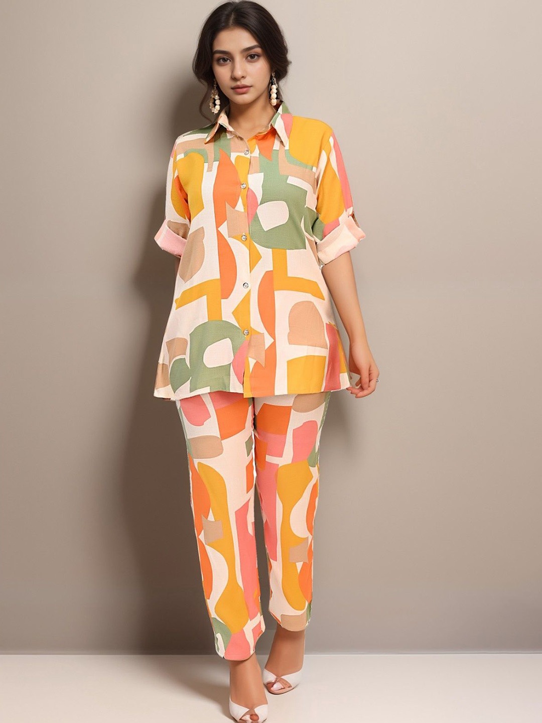 

BAESD Geometric Printed Shirt With Palazzos, Orange