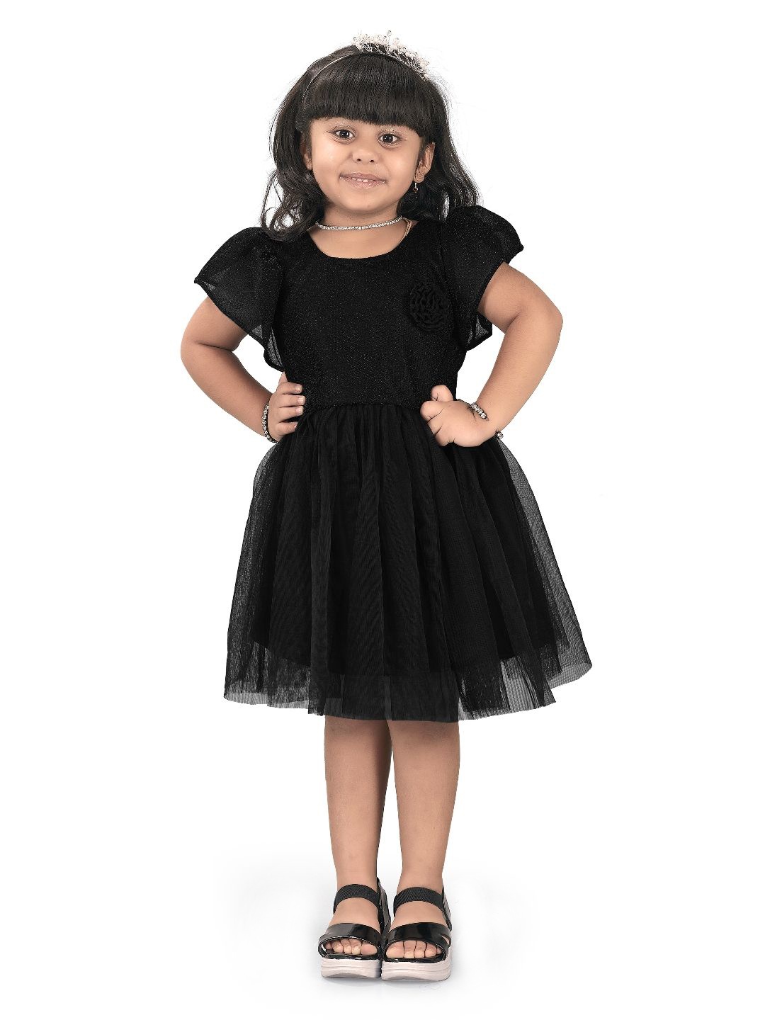 

Shrithi Fashion Fab Girls Embellished Flared Sleeves Fit & Flare Dress, Black