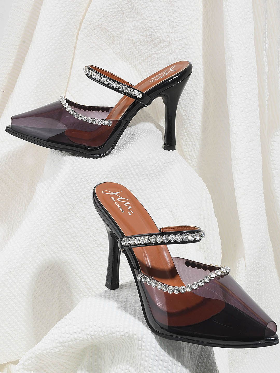 

JM Looks Transparent Rhinestone Slim Heeled Sandal, Black