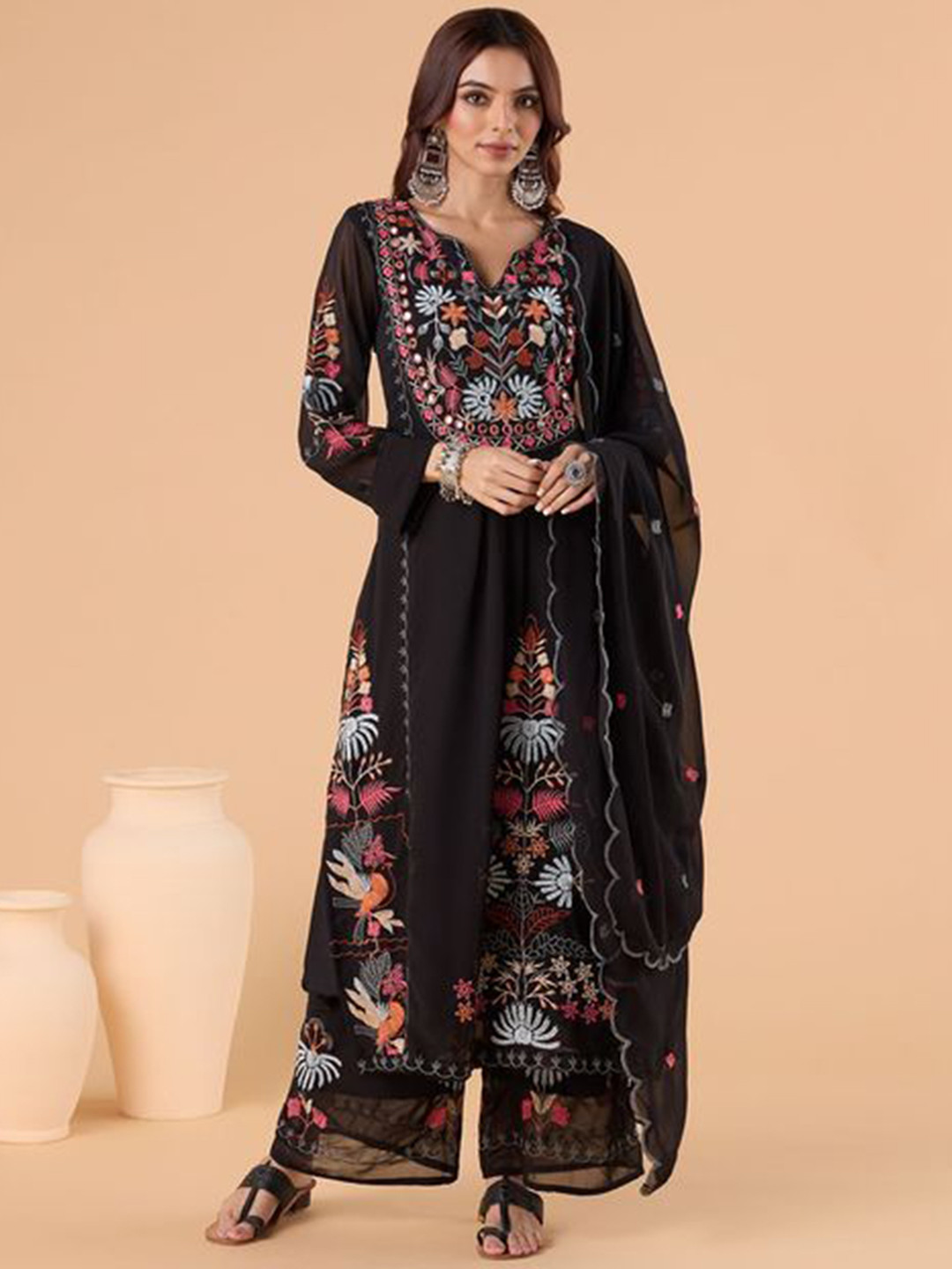 

KALINI Floral Embroidered Notched Neck Thread Work Straight Kurta With Palazzos & Dupatta, Black