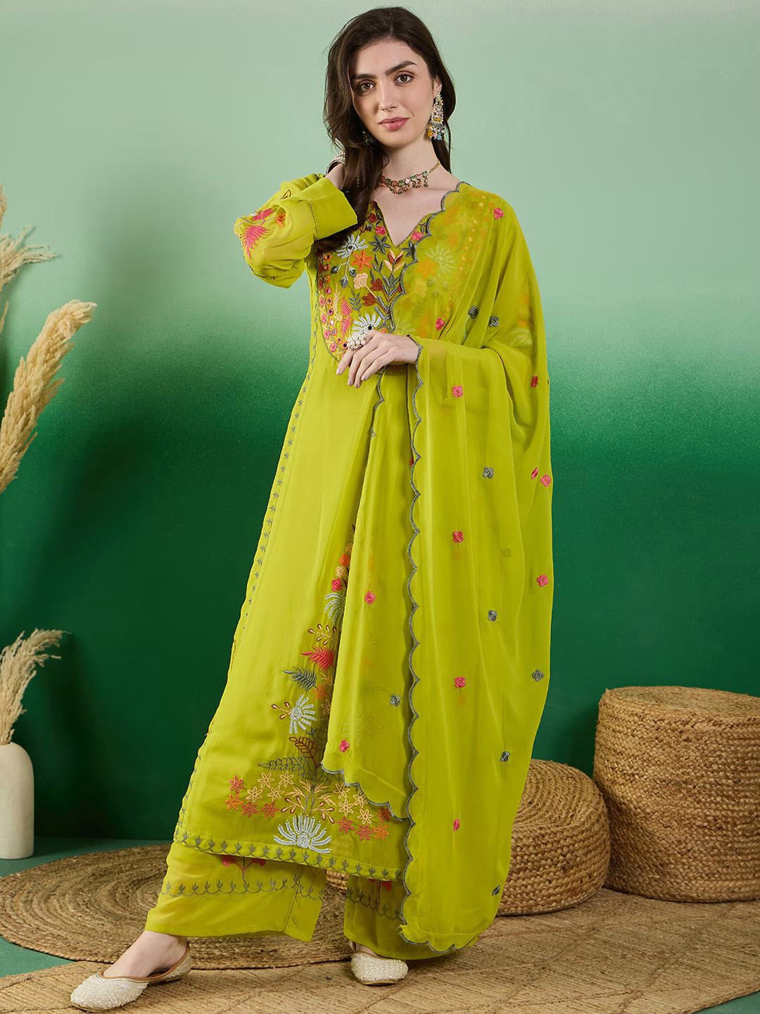 

KALINI Floral Embroidered Notched Neck Thread Work Straight Kurta With Palazzos & Dupatta, Green