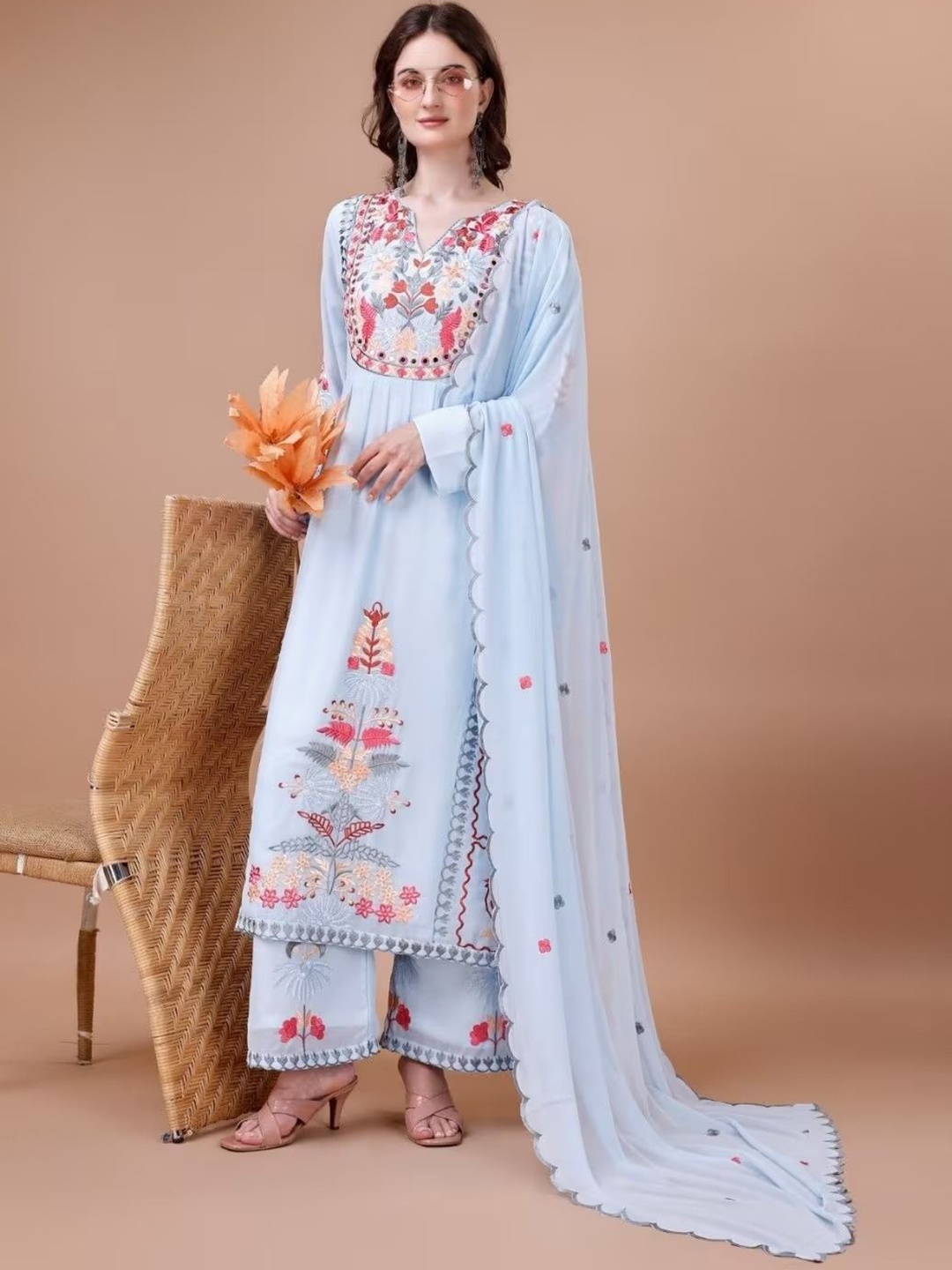 

KALINI Floral Embroidered Notched Neck Thread Work Straight Kurta With Trousers & Dupatta, Blue