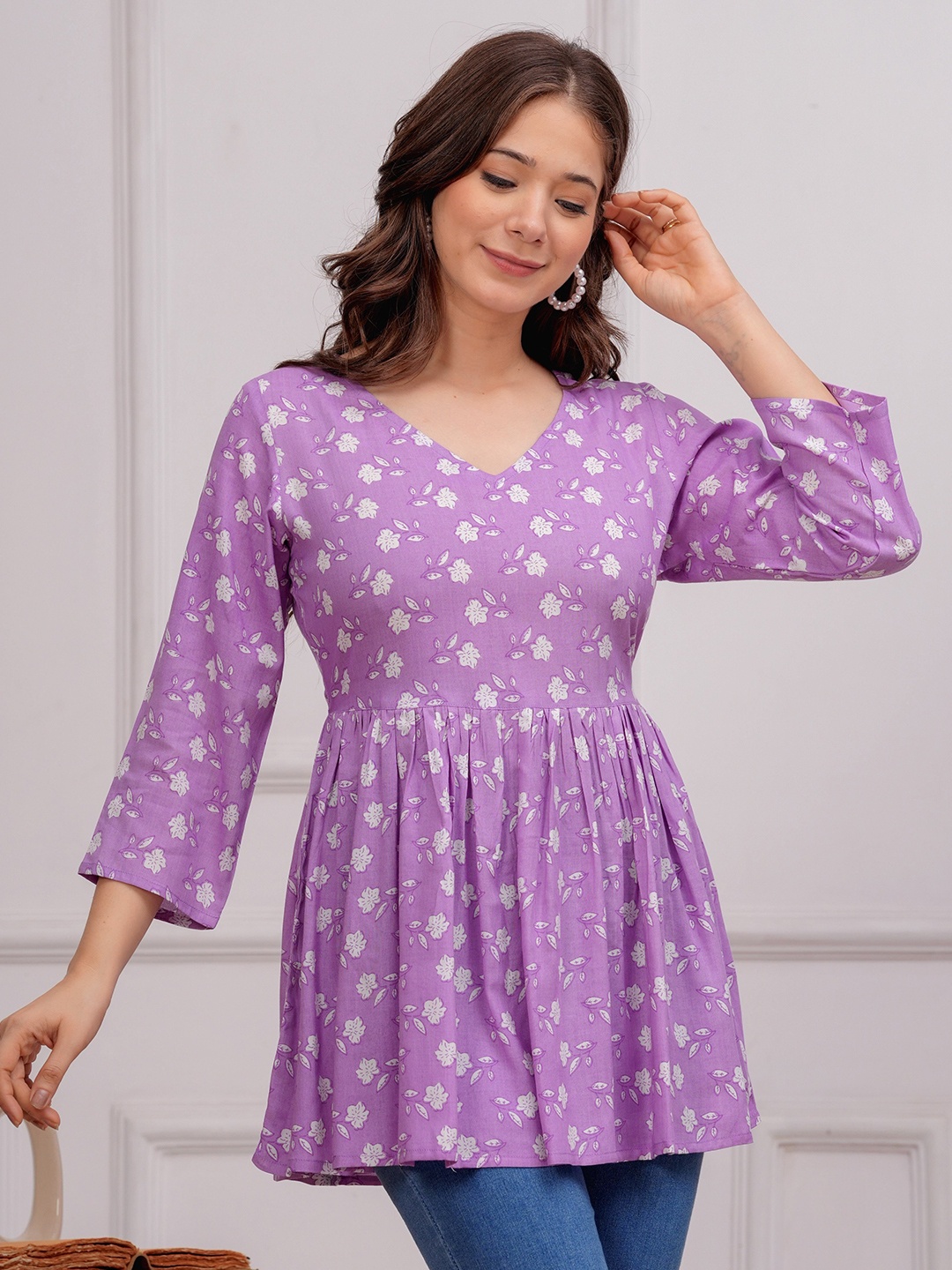 

INDIANIC Floral Print Empire Longline Printed A-Line Top, Lavender