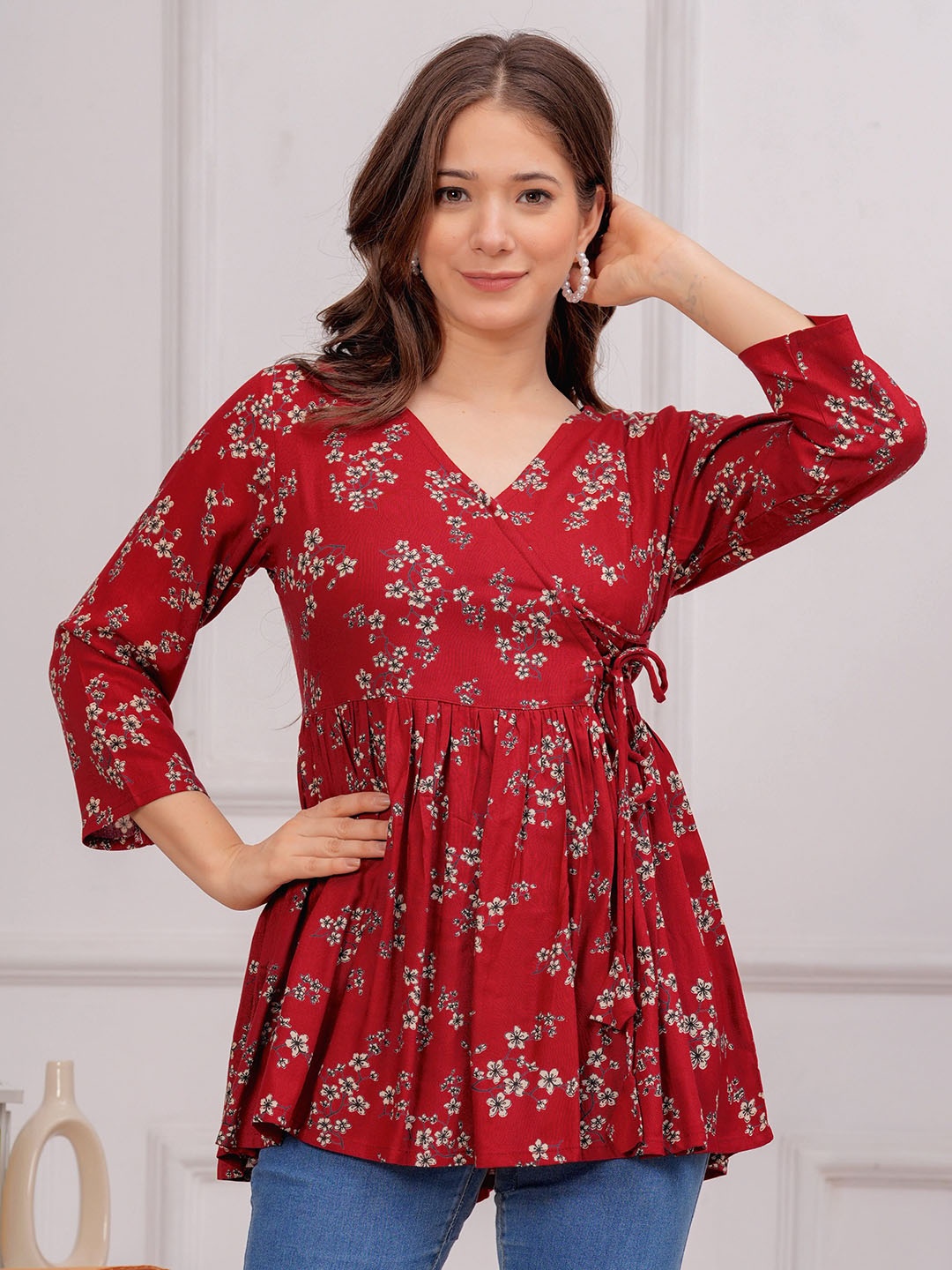 

INDIANIC Floral Print Empire Longline Top, Red