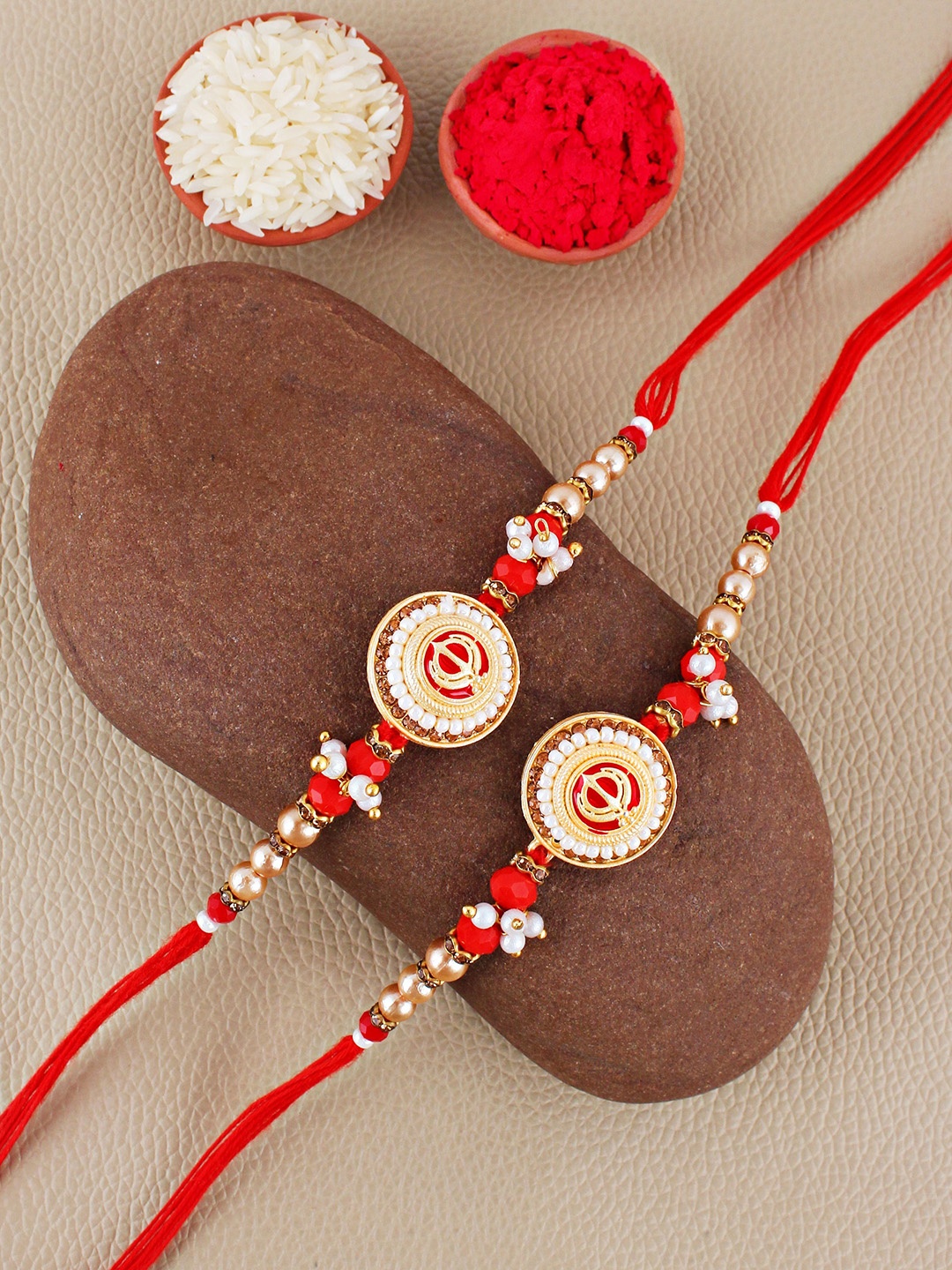 

LUCKY JEWELLERY Set Of 2 Khanda Sardar Sikh Rakhis Comes With Roli Chawal & Greeting Card, Gold