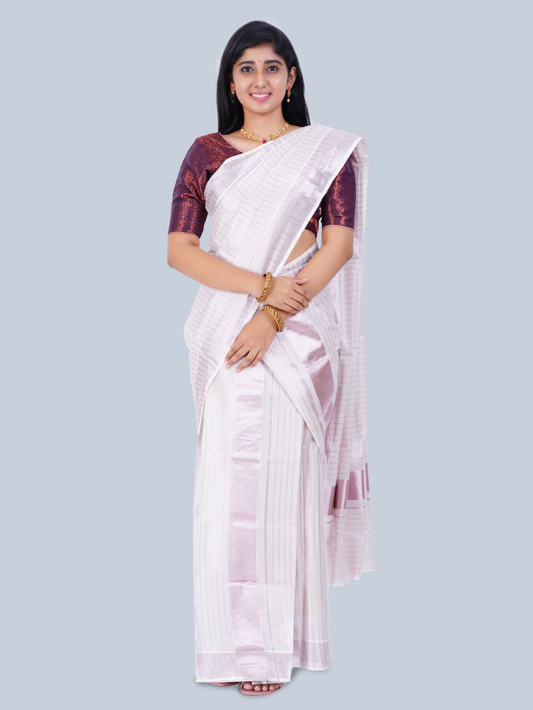 

Thara Sarees Striped Single Set Mundu Kasavu Saree, Rose gold