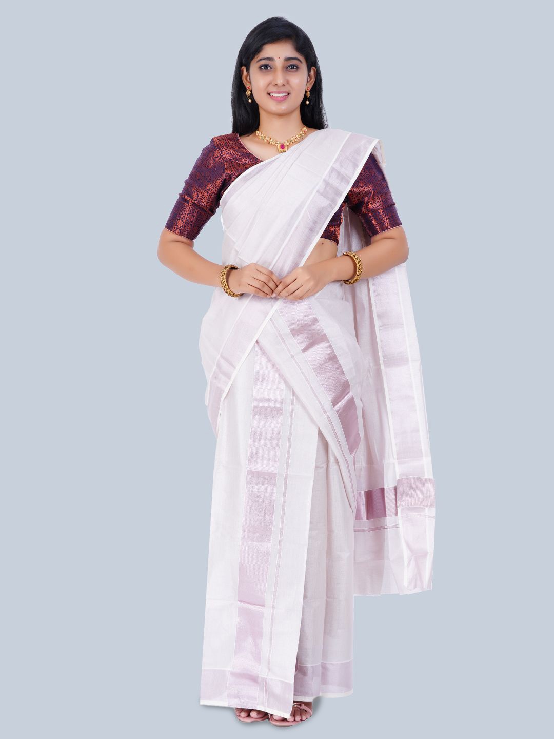 

Thara Sarees Zari Tissue Kasavu Saree, Pink