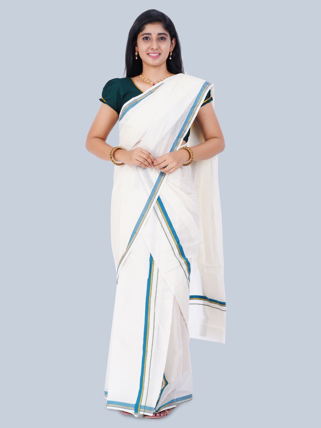 

Thara Sarees Pure Cotton Solid Single Set Kasavu Mundu Saree, White