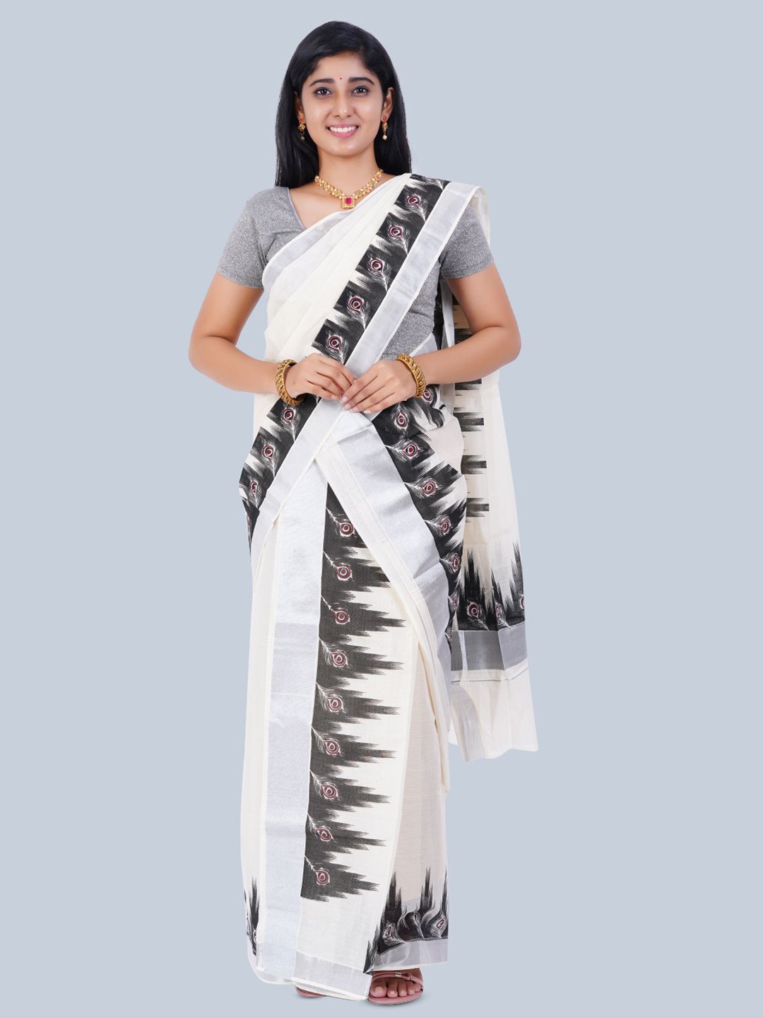

Thara Sarees Zari Pure Cotton Kasavu Saree, Off white