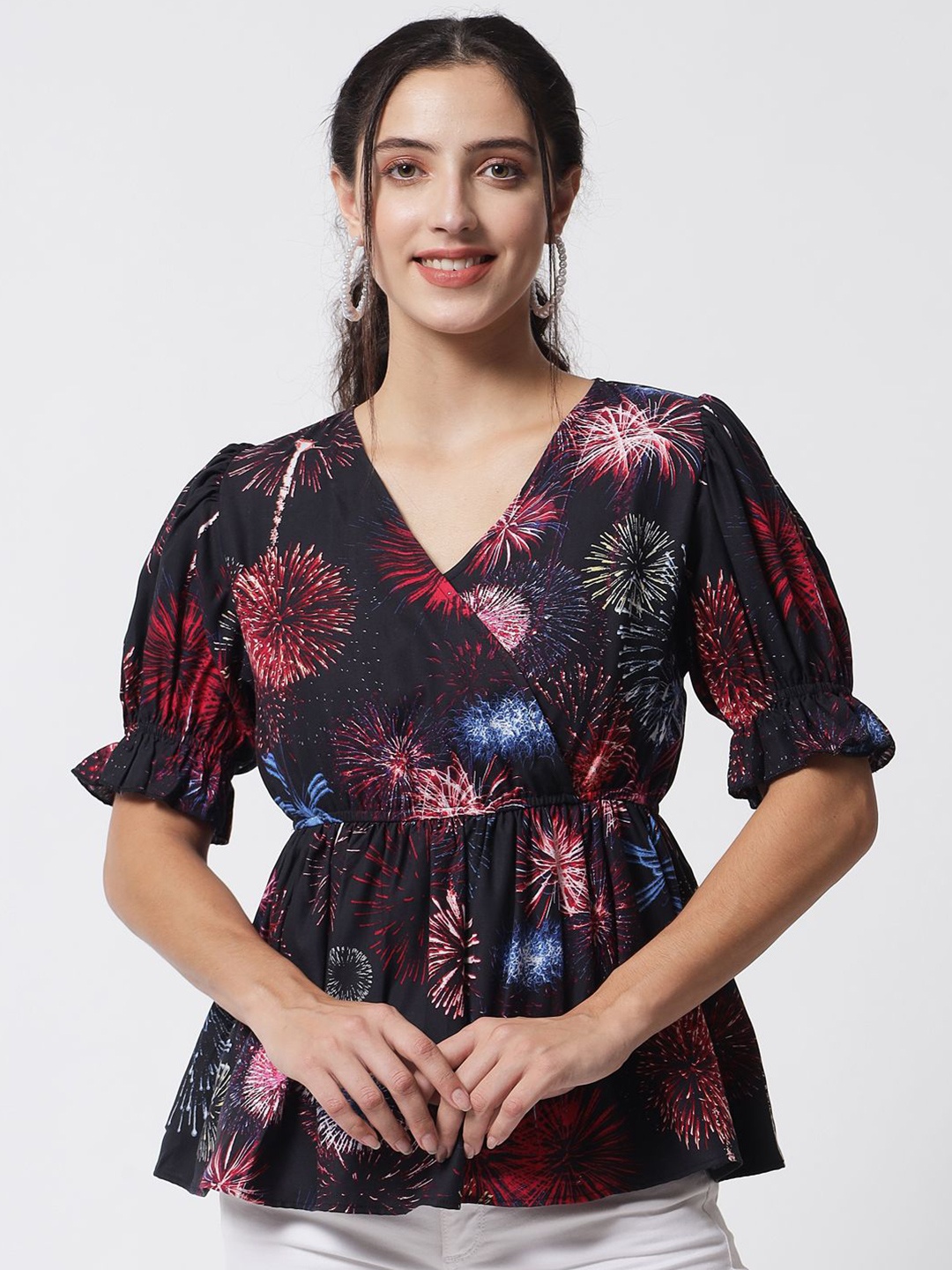 

ARDITA Floral Print Women Puff Sleeve Wrap cotton Top, Black