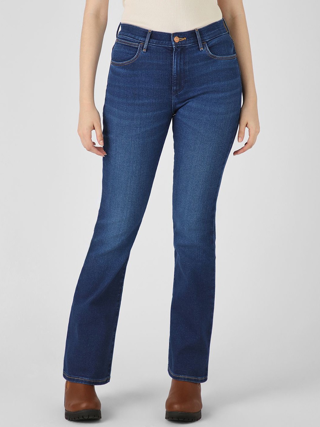 

Wrangler Women Bootcut High-Rise Low Distress Light Fade Stretchable Jeans, Blue