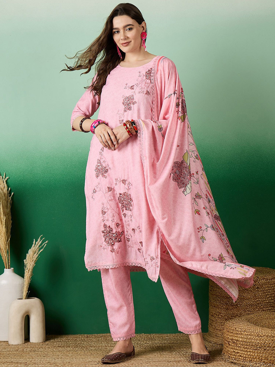 

Sangria Round Neck Embroidered Pure Cotton Straight Kurta With Trousers & Dupatta, Peach