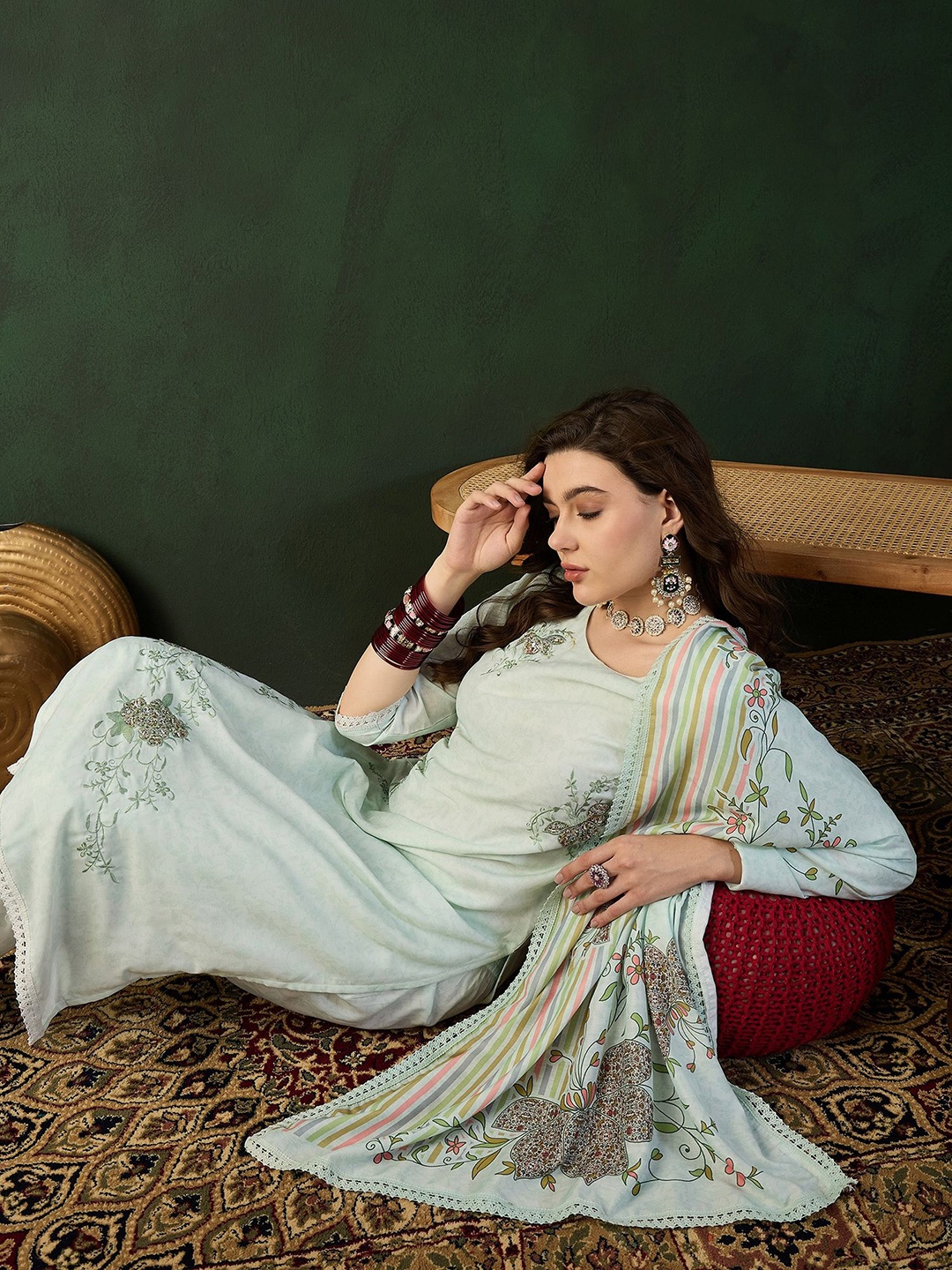 

Sangria Embroidered Pure Cotton Straight Kurta With Trouser & Dupatta, Green