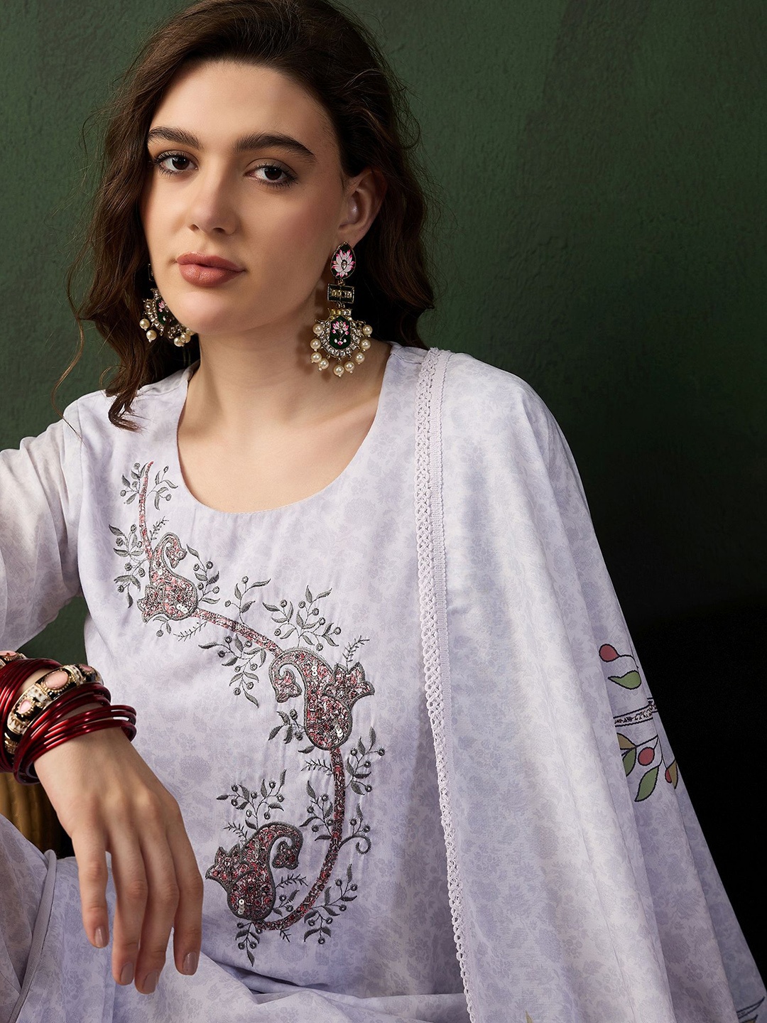 

Sangria Round Neck Embroidered Pure Cotton Straight Kurta With Trouser & Dupatta, Grey