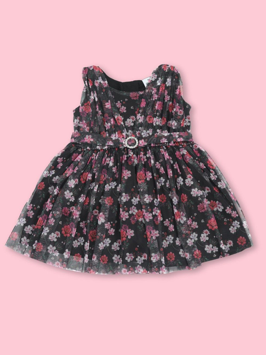 

Doodle Girls Floral Printed Net Fit & Flare Dress, Black