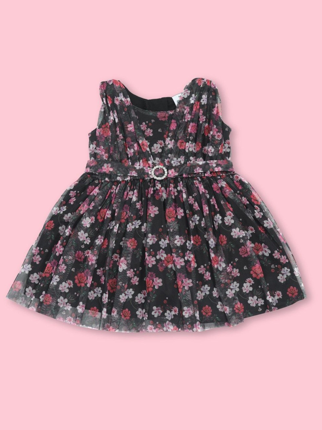 

Doodle Floral Print Net Fit & Flare Dress, Black
