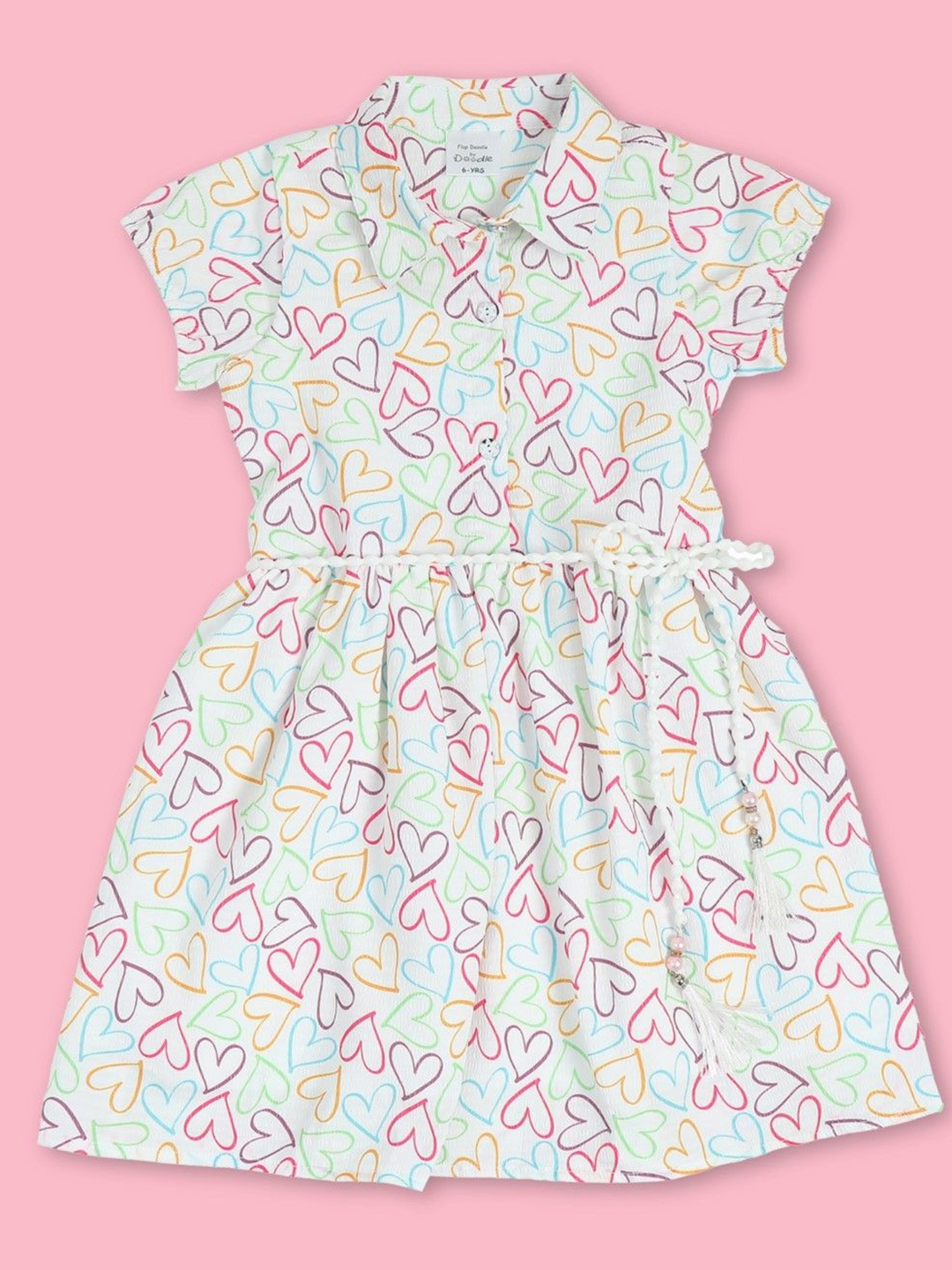 

Doodle Girls Conversational Print Shirt Collar Fit & Flare Dress, White