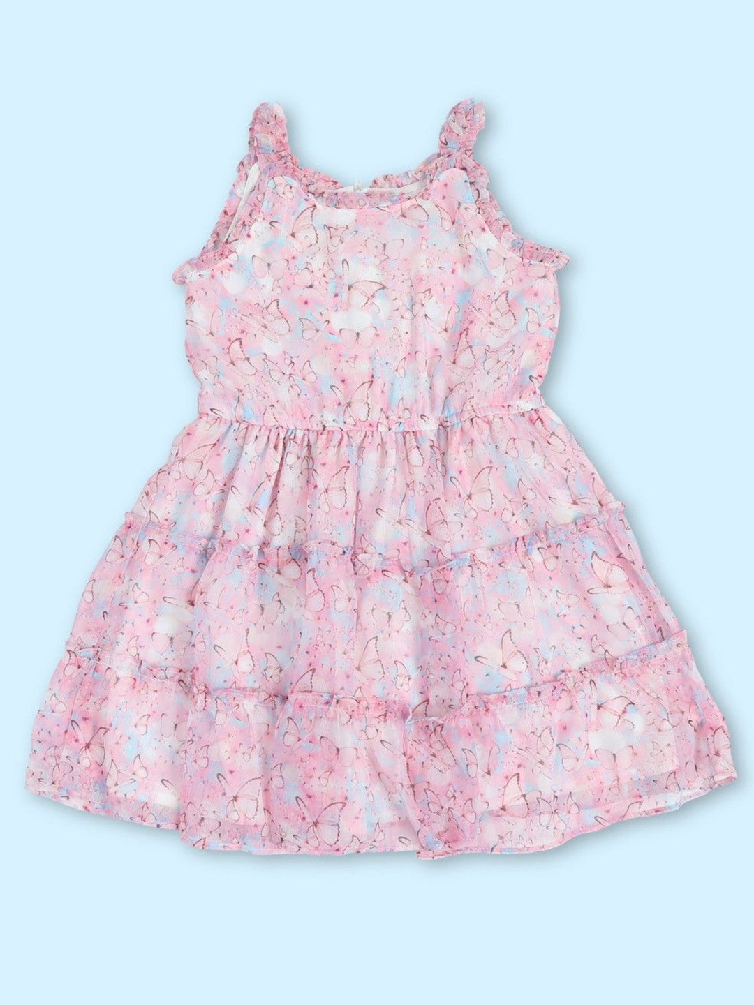 

Doodle Girls Printed Chiffon Shoulder Straps Knee Length Fit & Flare Dress, Pink