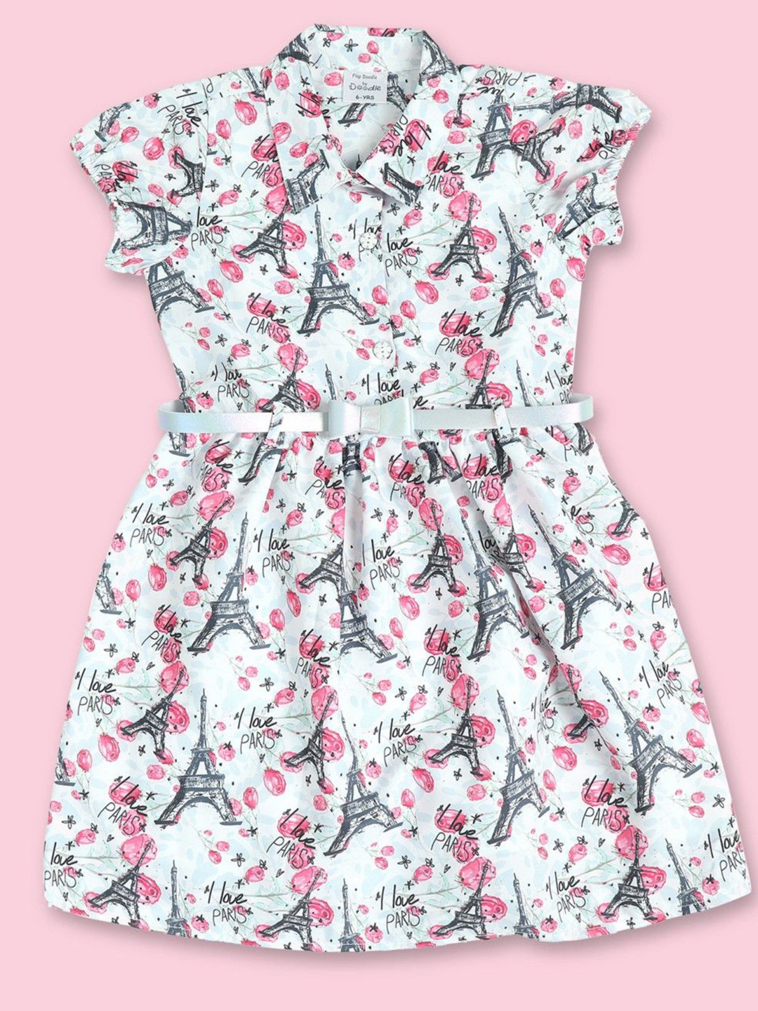 

Doodle Girls Floral Print Puff Sleeves Fit & Flare Dress, Off white