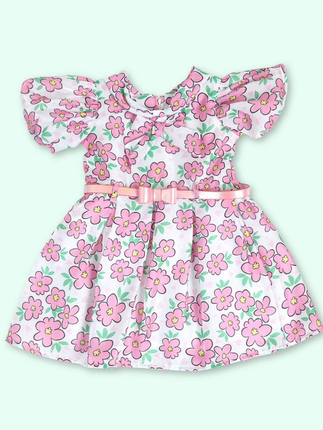 

Doodle Girls Floral Printed Flutter Sleeve Satin Fit & Flare Dress, White