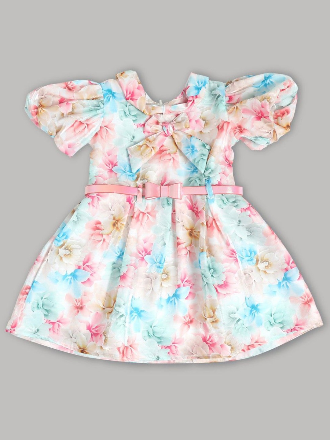 

Doodle Girls Floral Print Puff Sleeve Satin Fit & Flare Dress, Off white