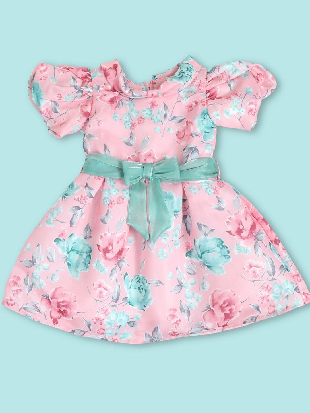 

Doodle Girls Floral Print Round Neck Cold-Shoulder Satin Knee Length Fit & Flare Dress, Pink