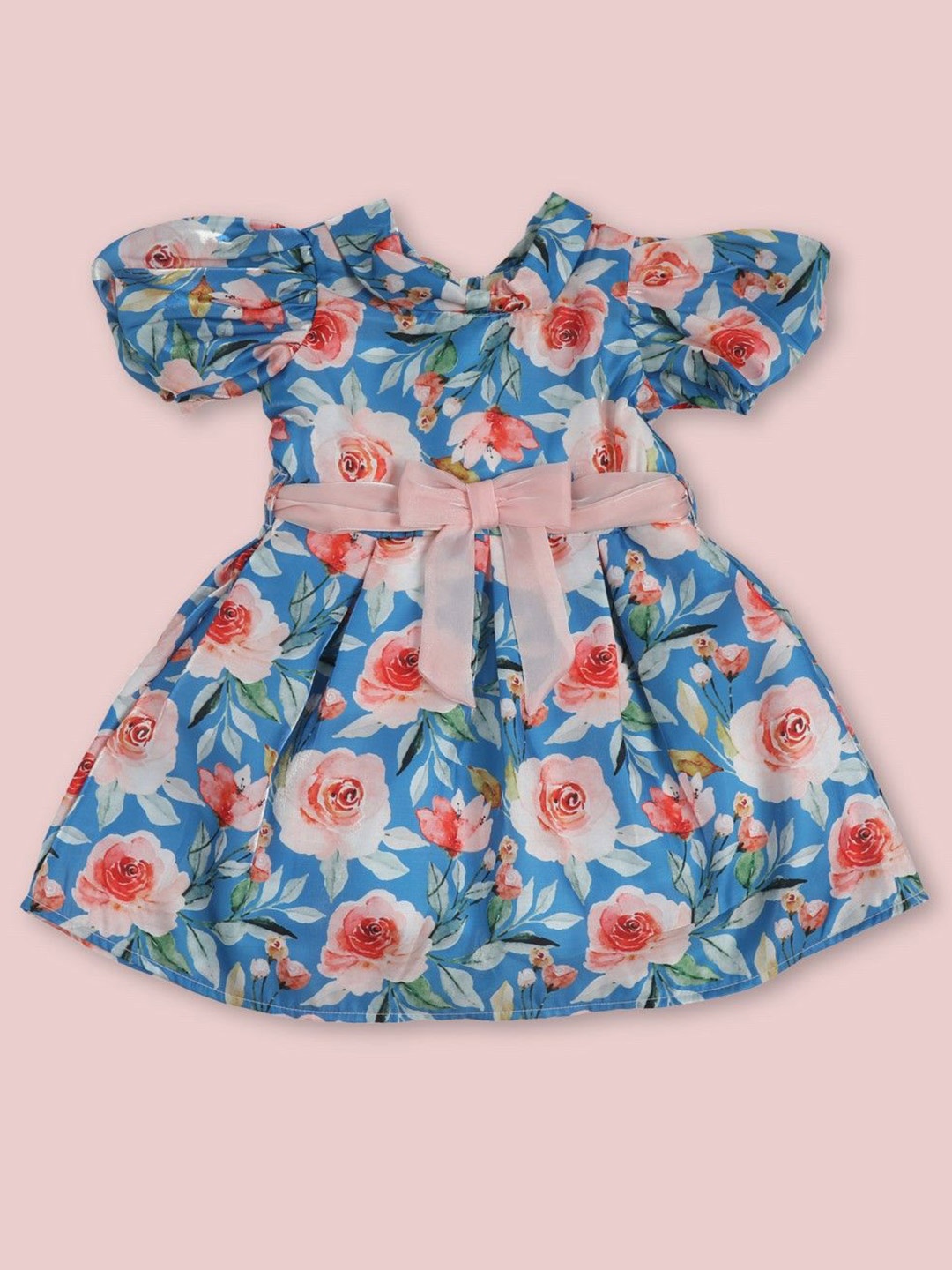 

Doodle Girls Floral Print Puff Sleeve Satin Fit & Flare Dress, Blue