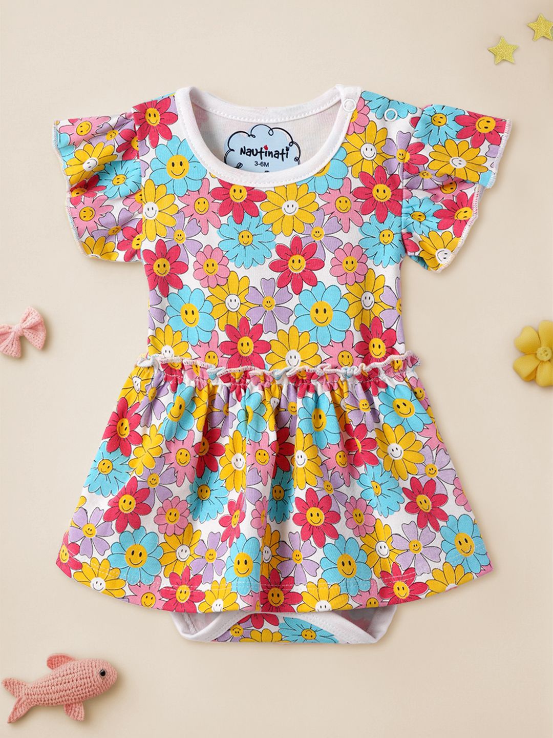 

Nauti Nati Girls Floral Printed Cotton Fit & Flare Dress with attached Bodysuit, Red