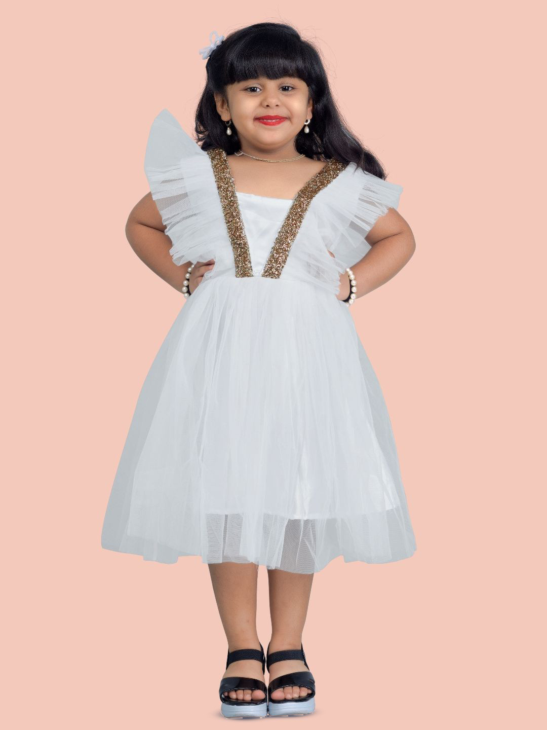

Shrithi Fashion Fab Girls Flutter Sleeve Net Fit & Flare Dress, White
