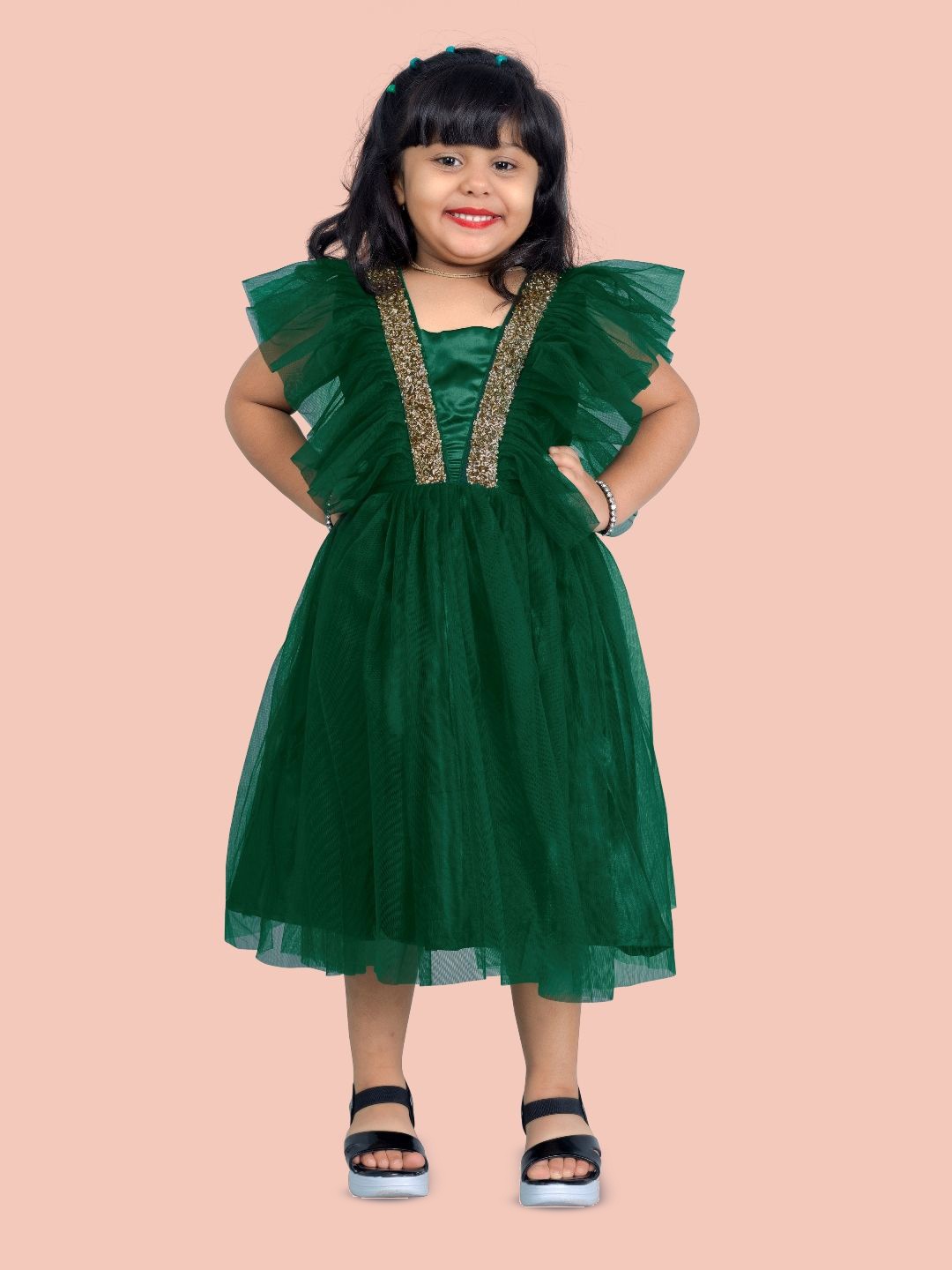 

Shrithi Fashion Fab Girls Flutter Sleeve Net Fit & Flare Dress, Green