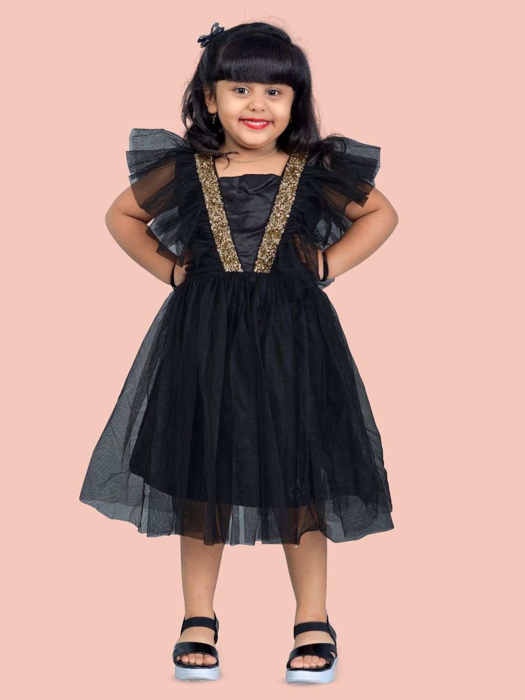 

Shrithi Fashion Fab Girl Flare Sleeve Layered Net Fit & Flare Dress, Black