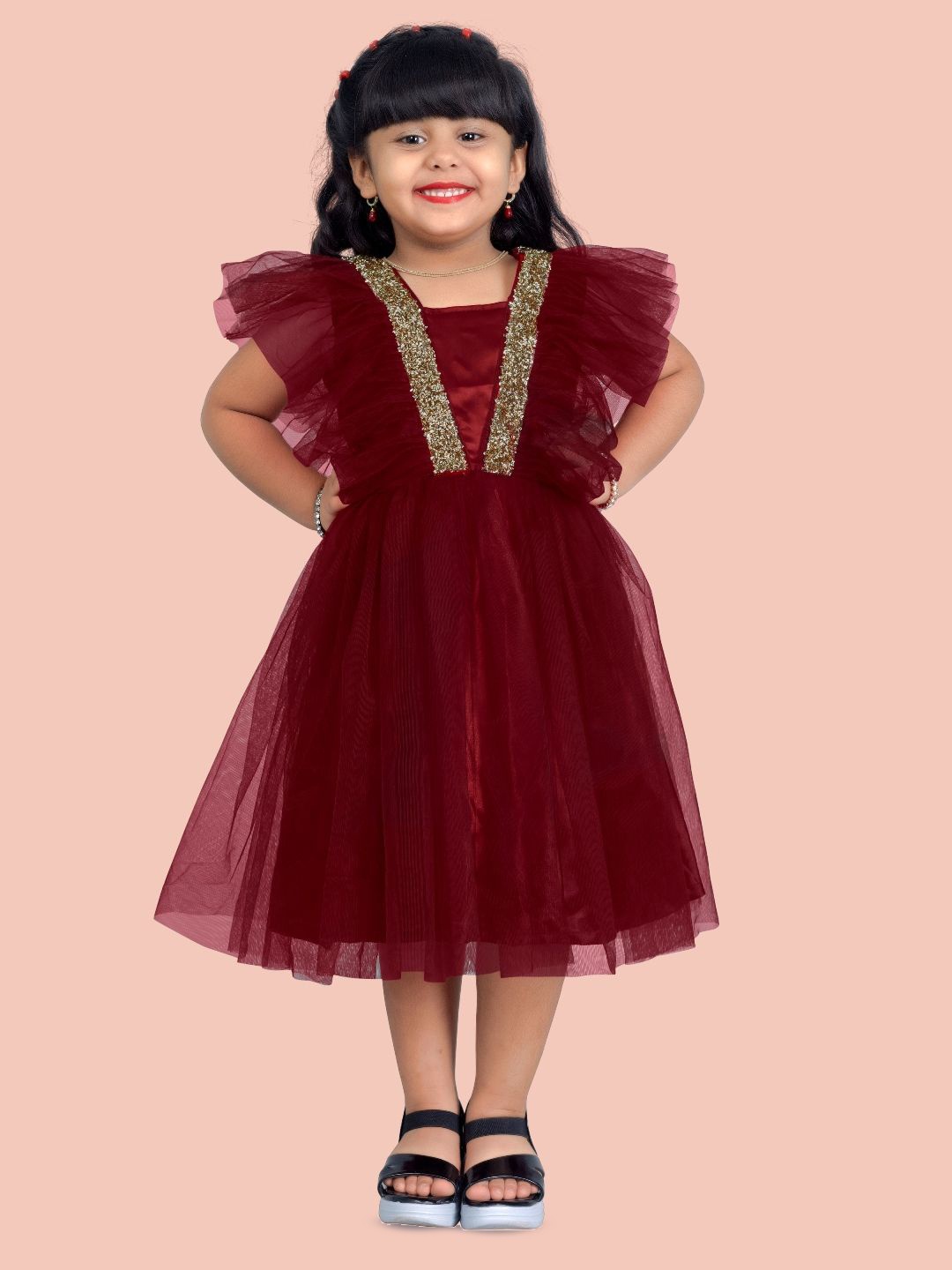 

Shrithi Fashion Fab Girl Flare Sleeve Layered Net Fit & Flare Midi Dress, Maroon