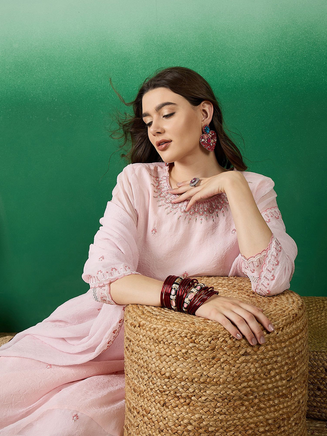 

Sangria Embroidered Pure Cotton Straight Kurta With Palazzo & Worked Dupatta Set, Peach